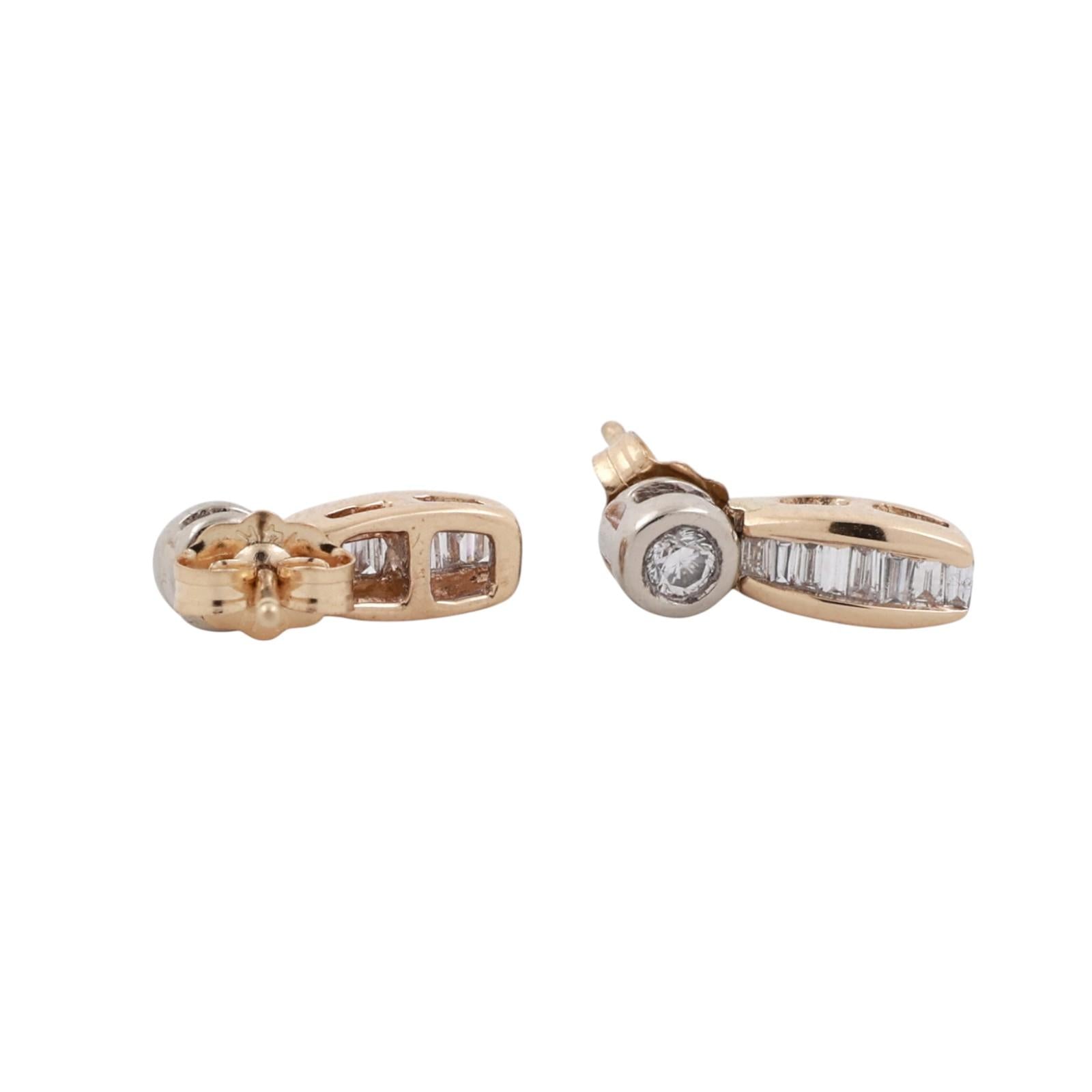 14K Two Tone Gold Diamond Stud Dangle Earrings Round and Baguette 0.30CTW Estate