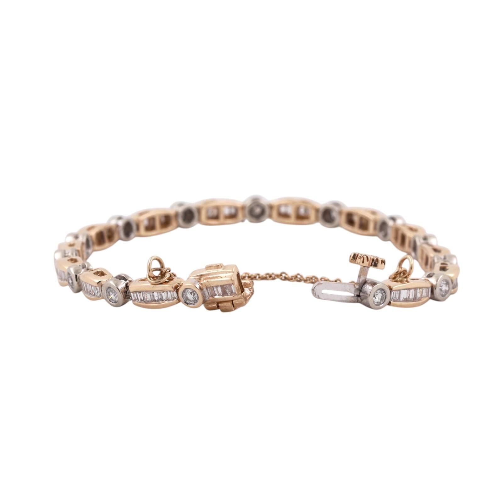 14K Two Tone Gold 3.00CTW Round Baguette Diamond Tennis Bracelet 6.25" Estate