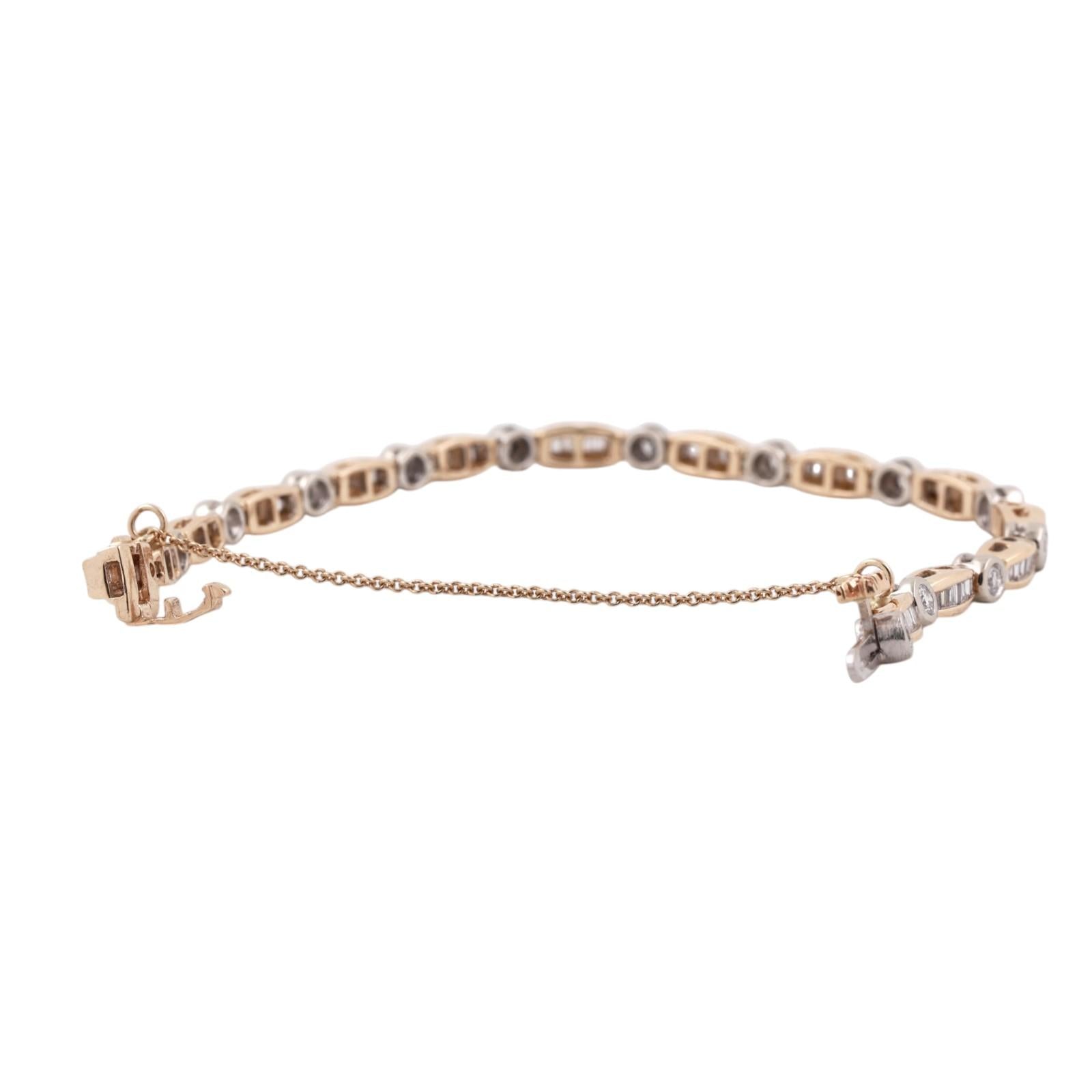 14K Two Tone Gold 3.00CTW Round Baguette Diamond Tennis Bracelet 6.25" Estate