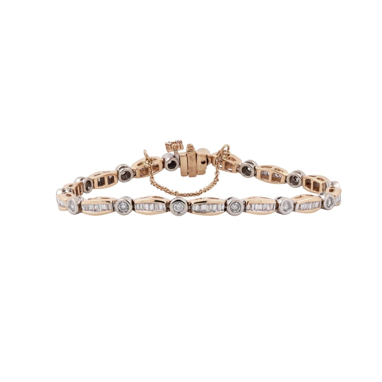 14K Two Tone Gold 3.00CTW Round Baguette Diamond Tennis Bracelet 6.25" Estate