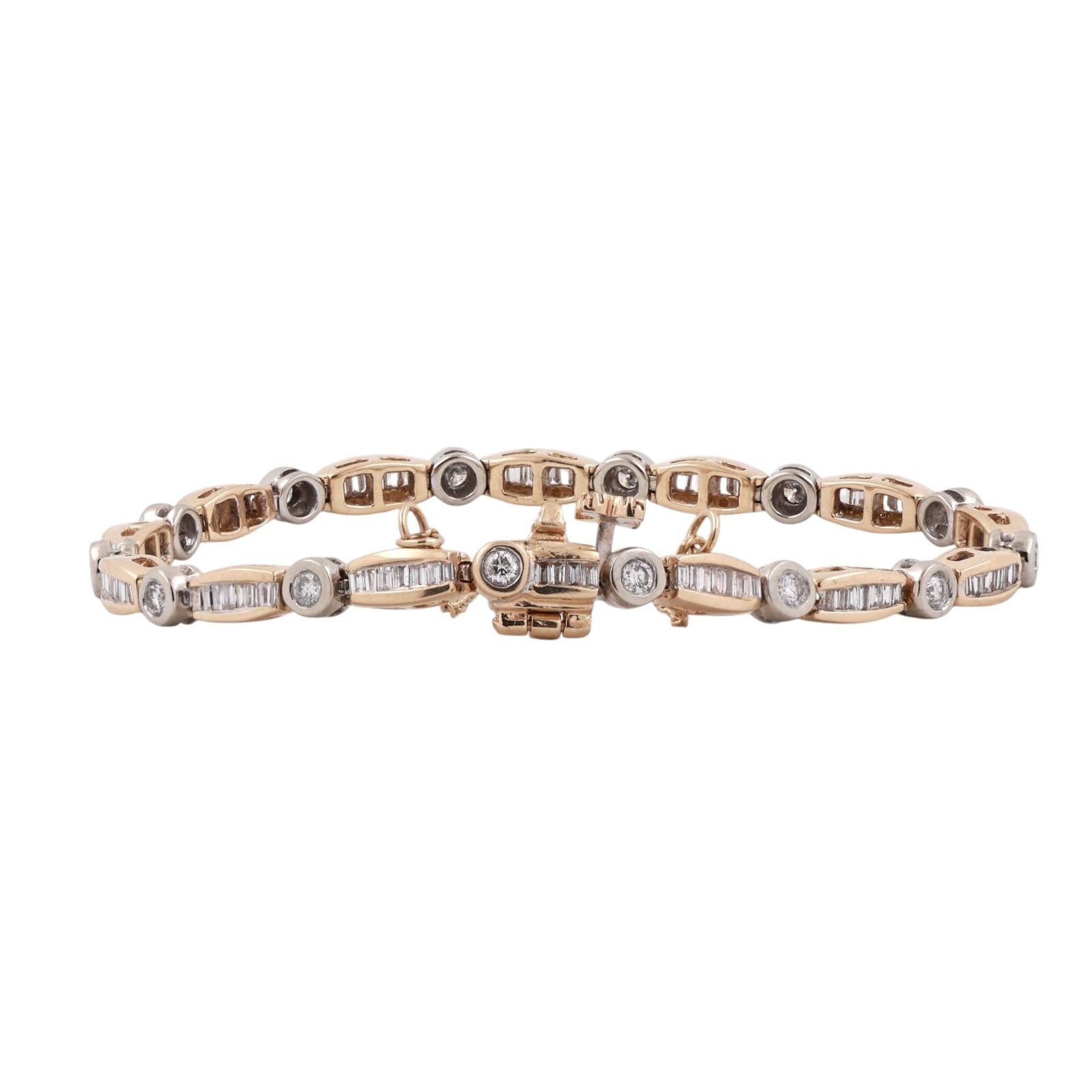 14K Two Tone Gold 3.00CTW Round Baguette Diamond Tennis Bracelet 6.25" Estate