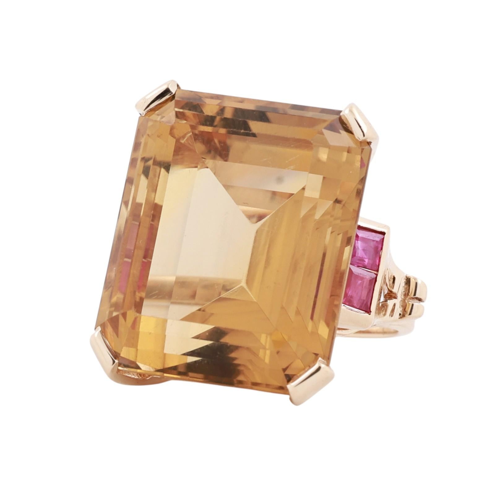 30.00Ct Emerald Cut Citrine Ruby Accent Cocktail Ring 14K Yellow Gold Size 5.75