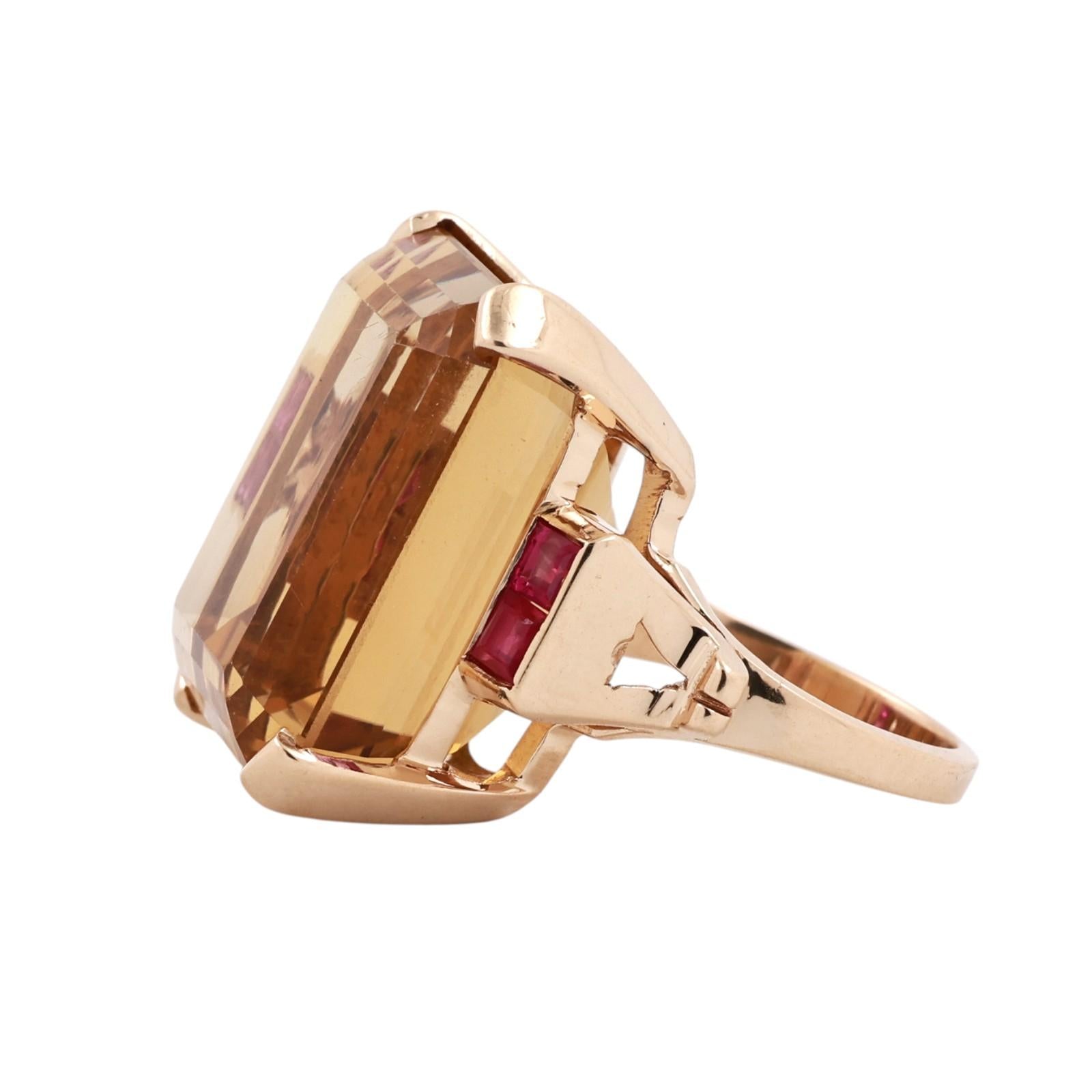 30.00Ct Emerald Cut Citrine Ruby Accent Cocktail Ring 14K Yellow Gold Size 5.75