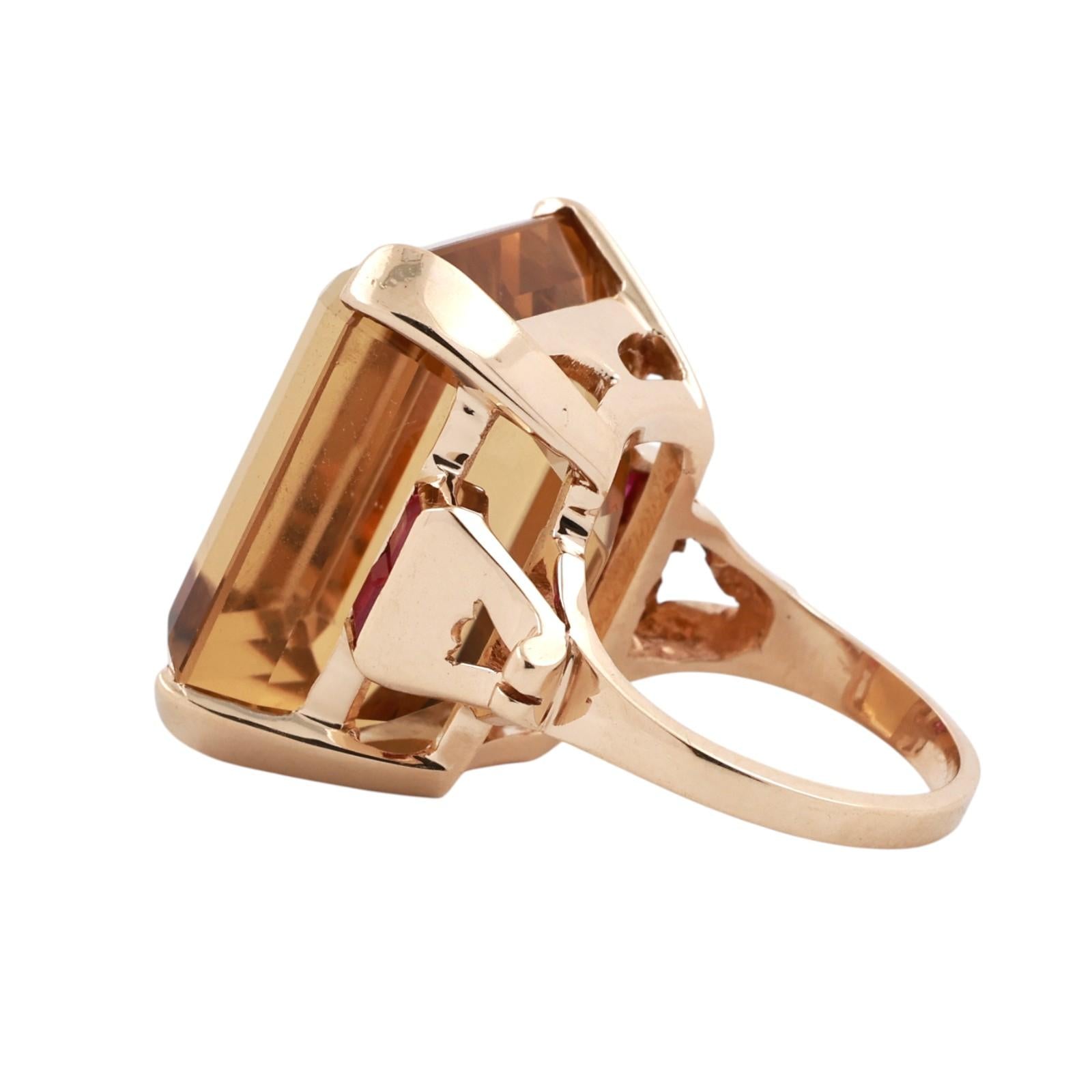 30.00Ct Emerald Cut Citrine Ruby Accent Cocktail Ring 14K Yellow Gold Size 5.75