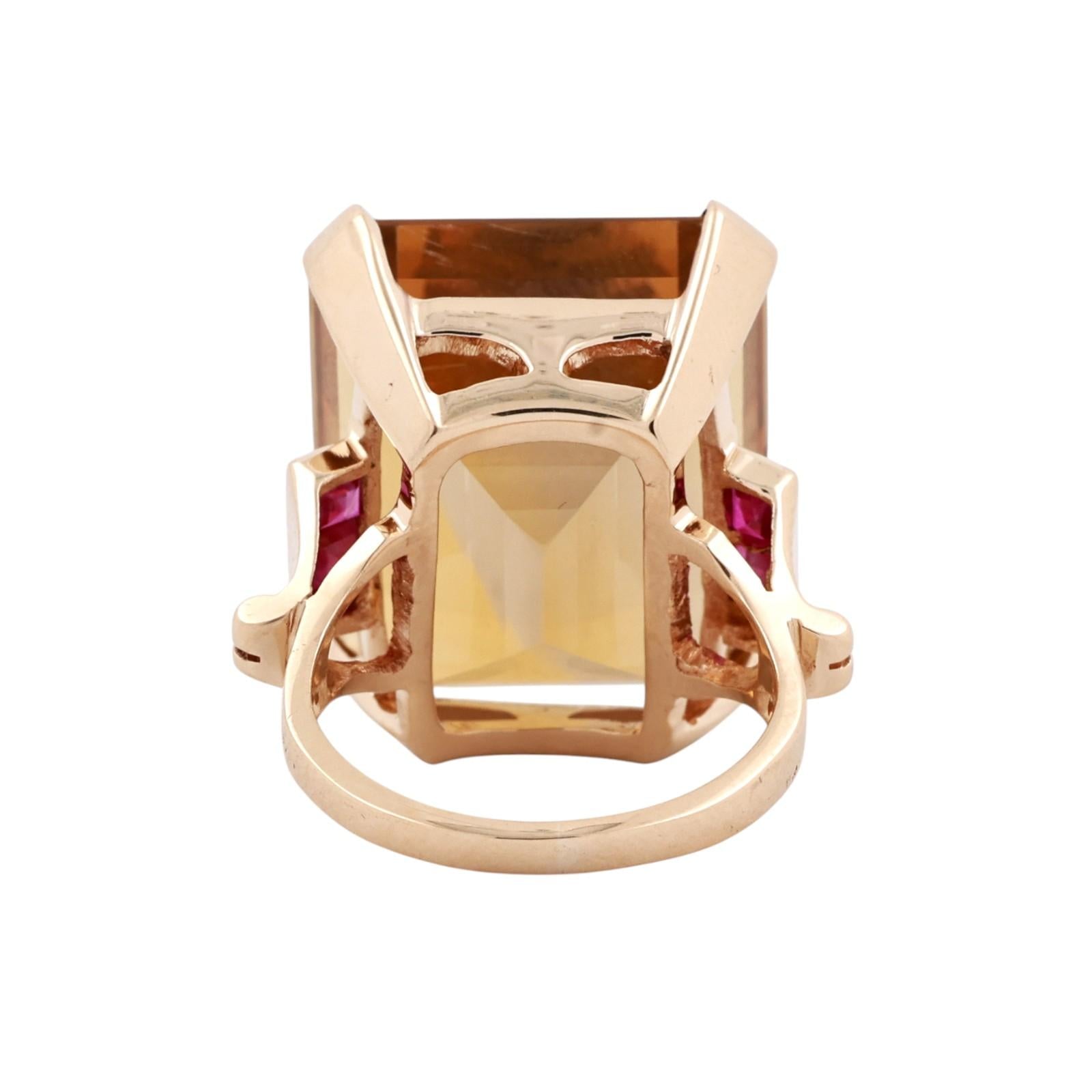 30.00Ct Emerald Cut Citrine Ruby Accent Cocktail Ring 14K Yellow Gold Size 5.75
