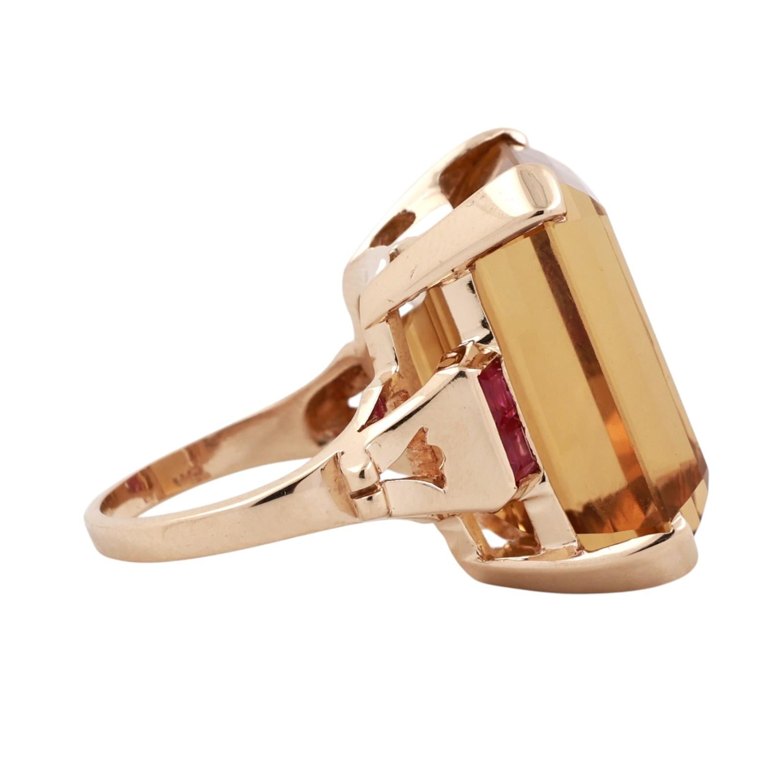 30.00Ct Emerald Cut Citrine Ruby Accent Cocktail Ring 14K Yellow Gold Size 5.75