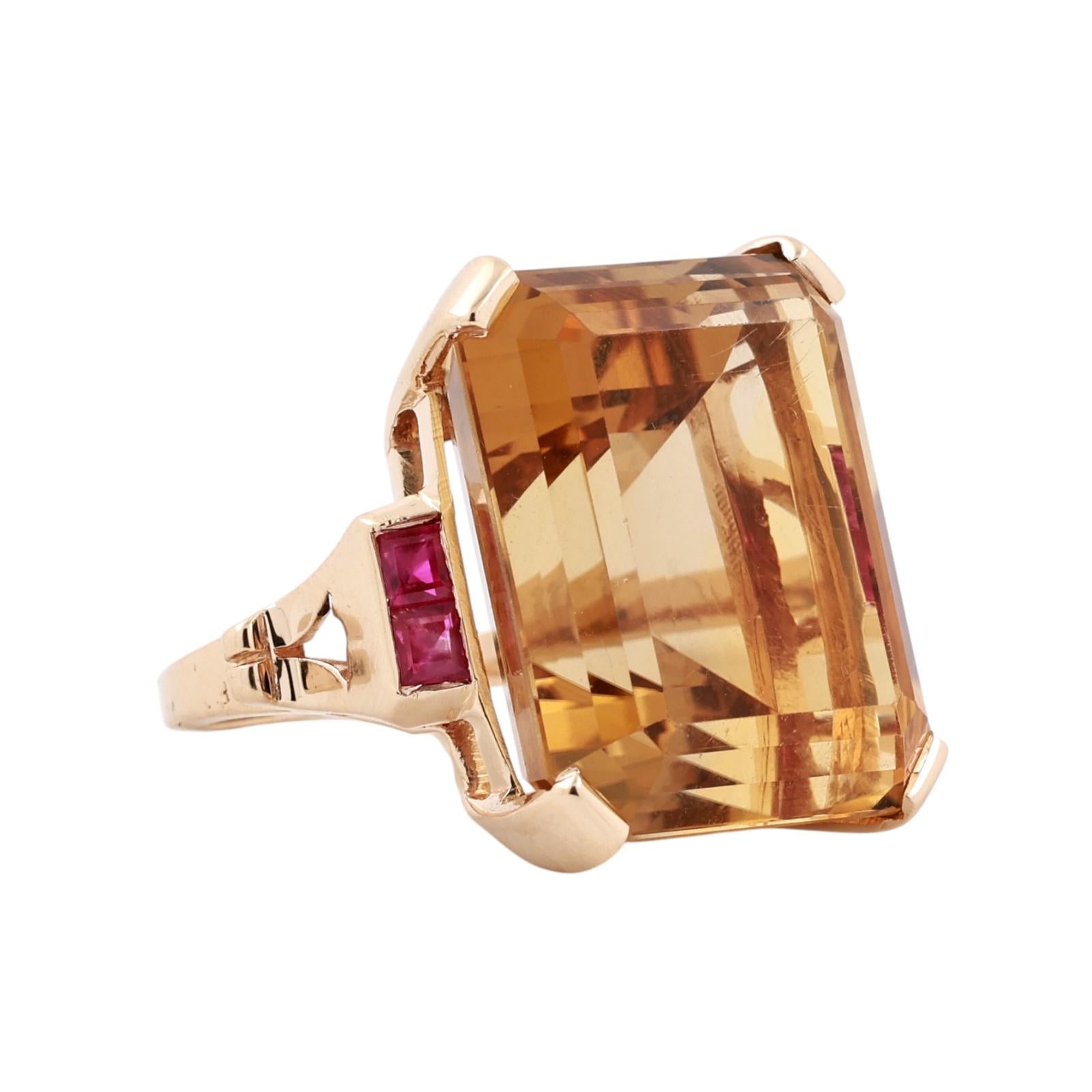 30.00Ct Emerald Cut Citrine Ruby Accent Cocktail Ring 14K Yellow Gold Size 5.75
