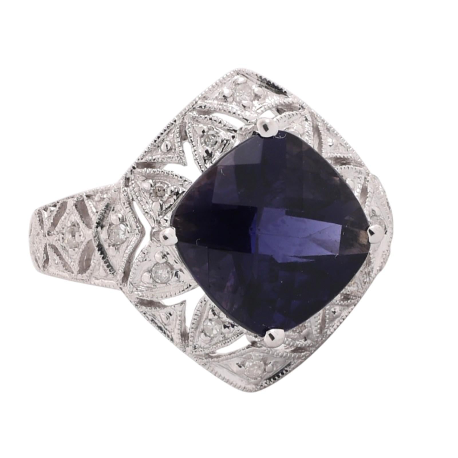 10K White Gold 3.70CT Checkerboard Cushion Cut Iolite Diamond Filigree Ring Sz 7