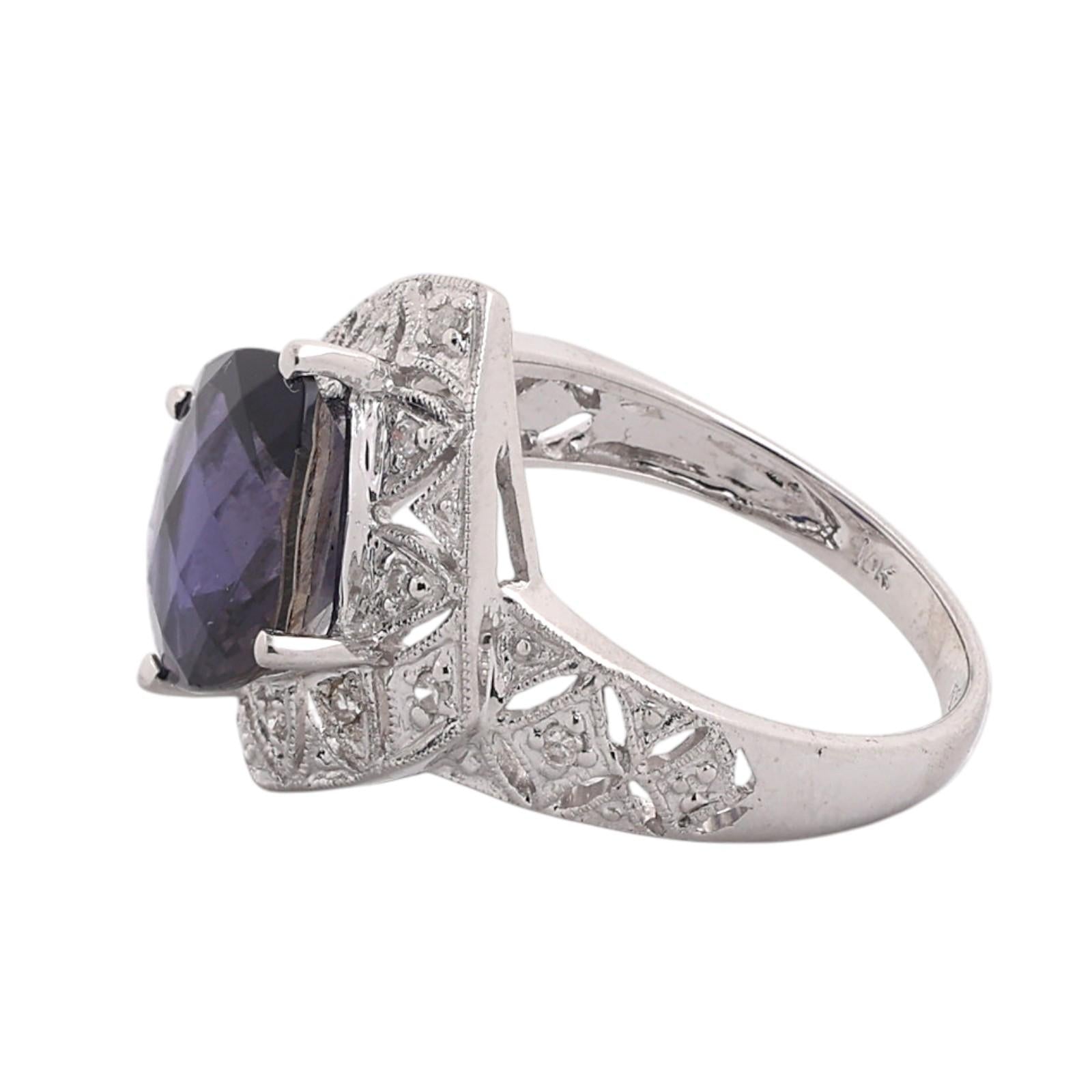 10K White Gold 3.70CT Checkerboard Cushion Cut Iolite Diamond Filigree Ring Sz 7