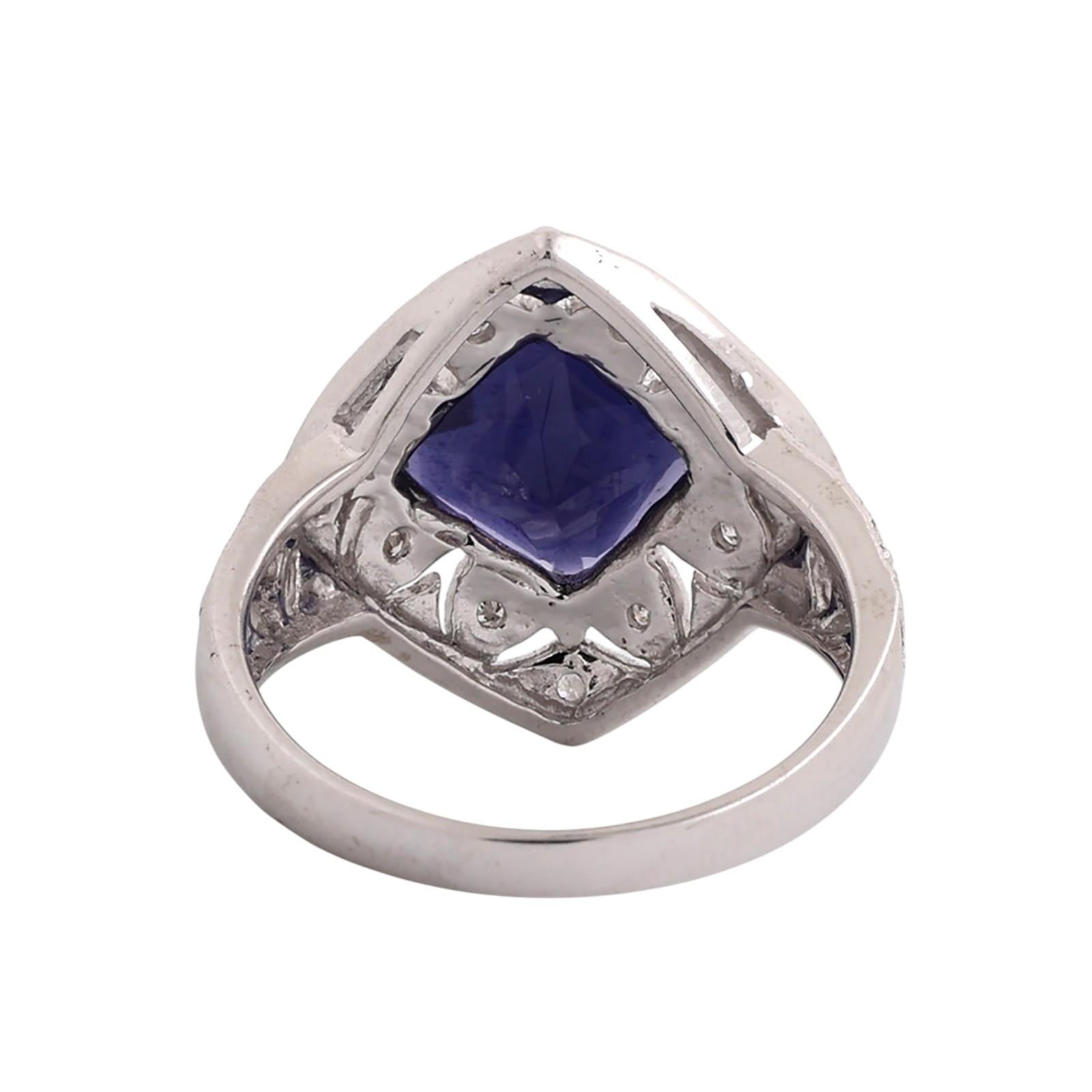 10K White Gold 3.70CT Checkerboard Cushion Cut Iolite Diamond Filigree Ring Sz 7