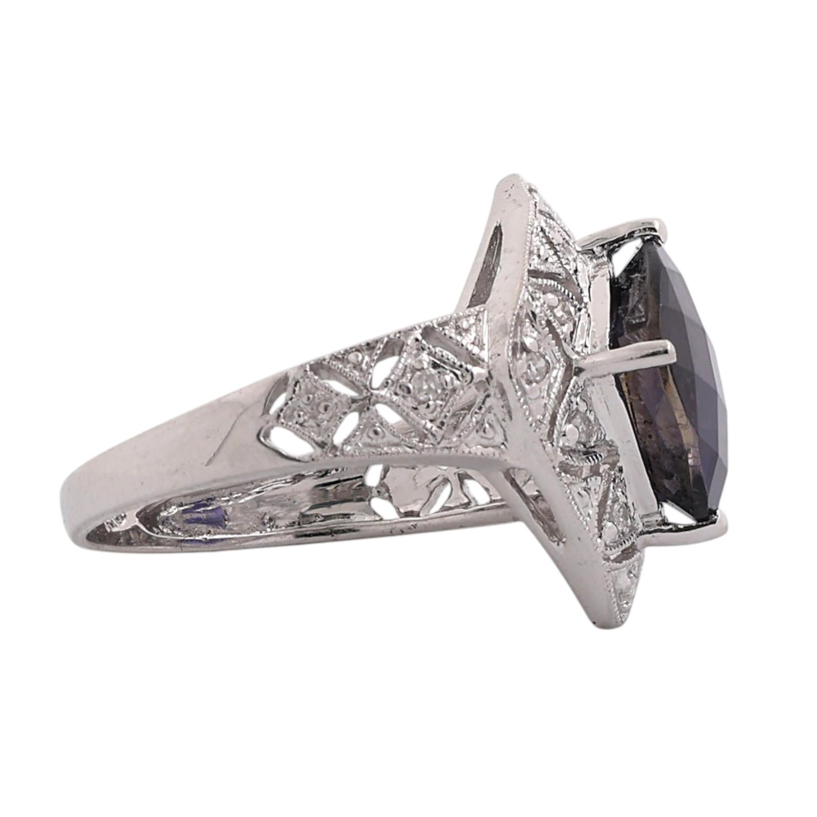 10K White Gold 3.70CT Checkerboard Cushion Cut Iolite Diamond Filigree Ring Sz 7