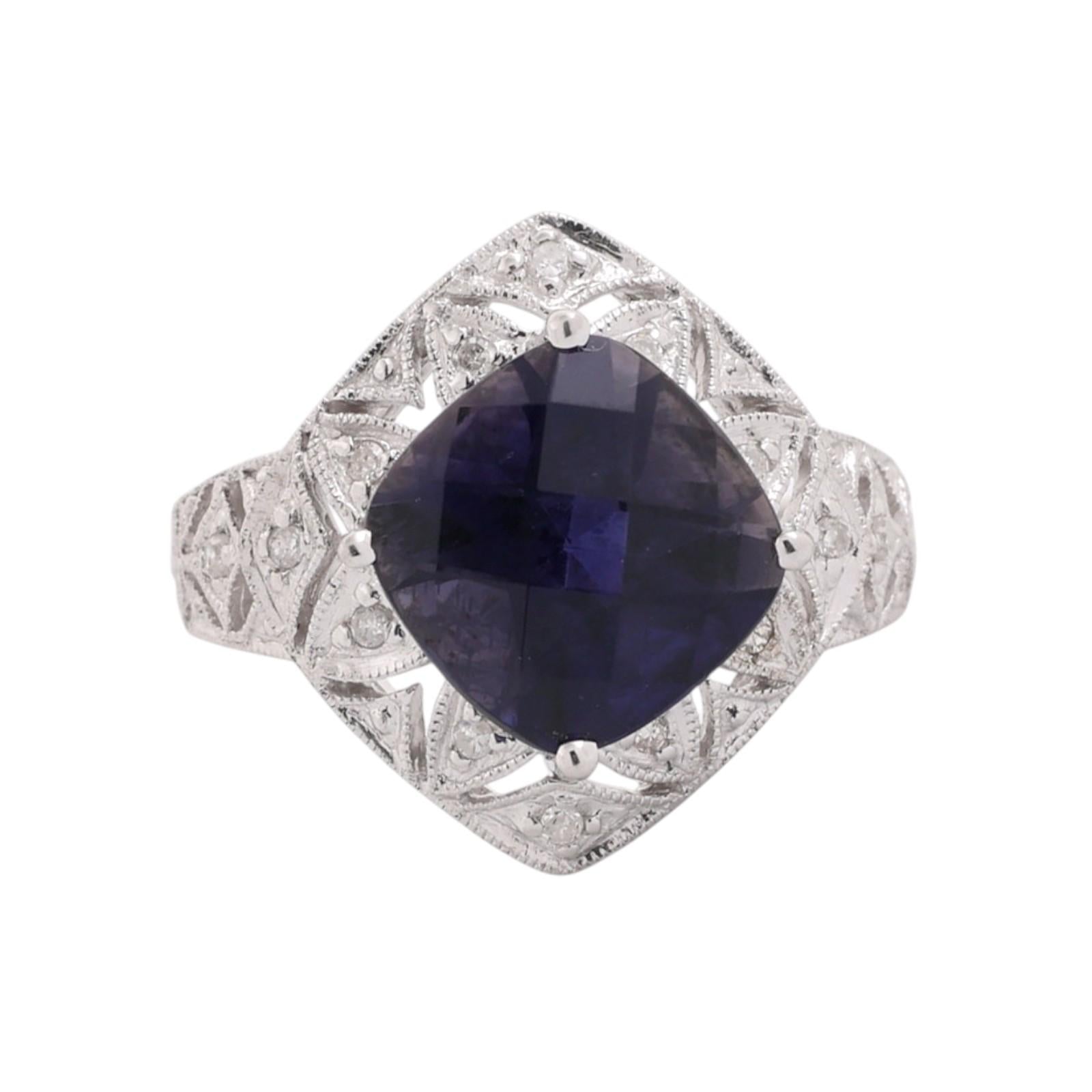 10K White Gold 3.70CT Checkerboard Cushion Cut Iolite Diamond Filigree Ring Sz 7