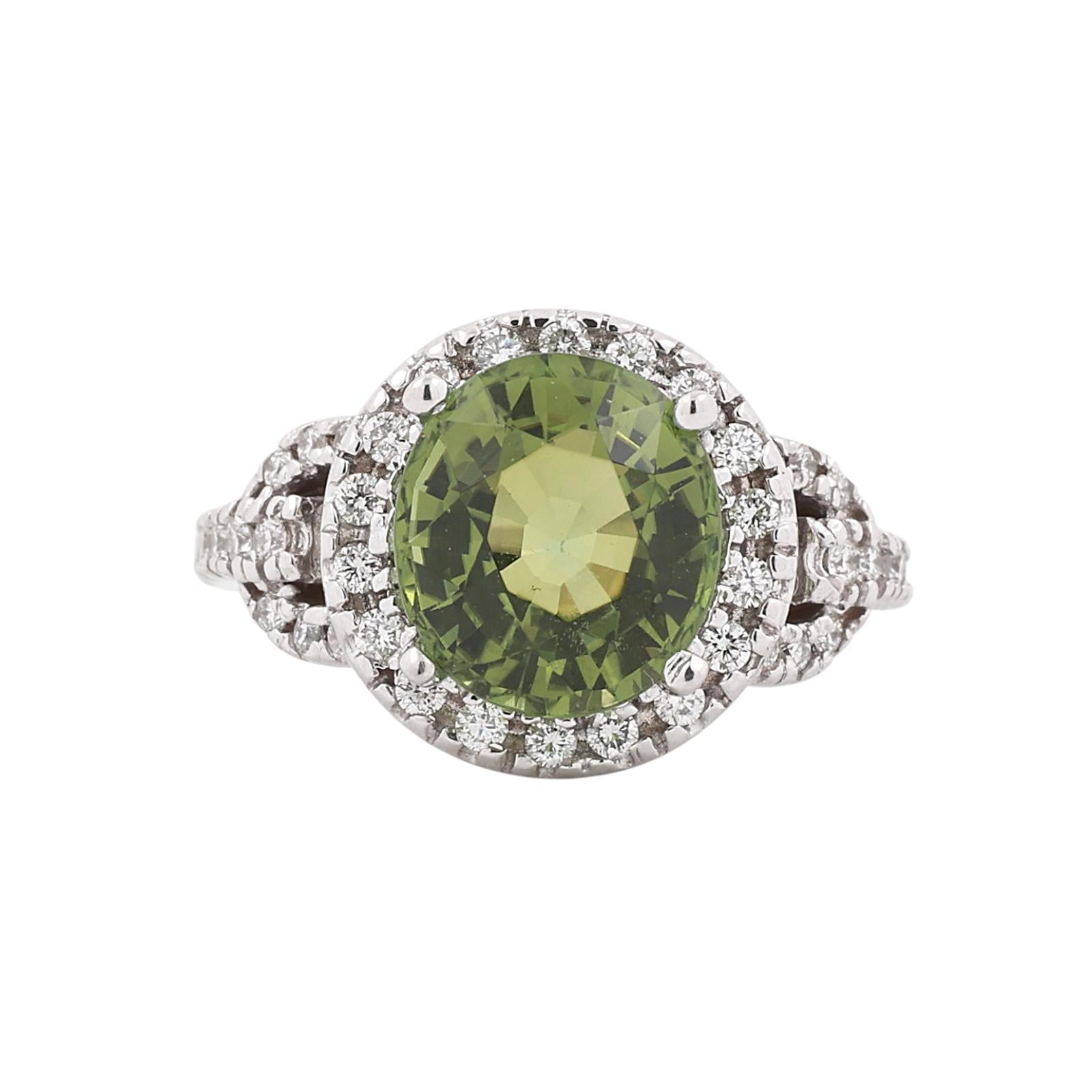 Natural Green Tourmaline Diamond Halo Ring 18K White Gold 5.50 CTW Size 7