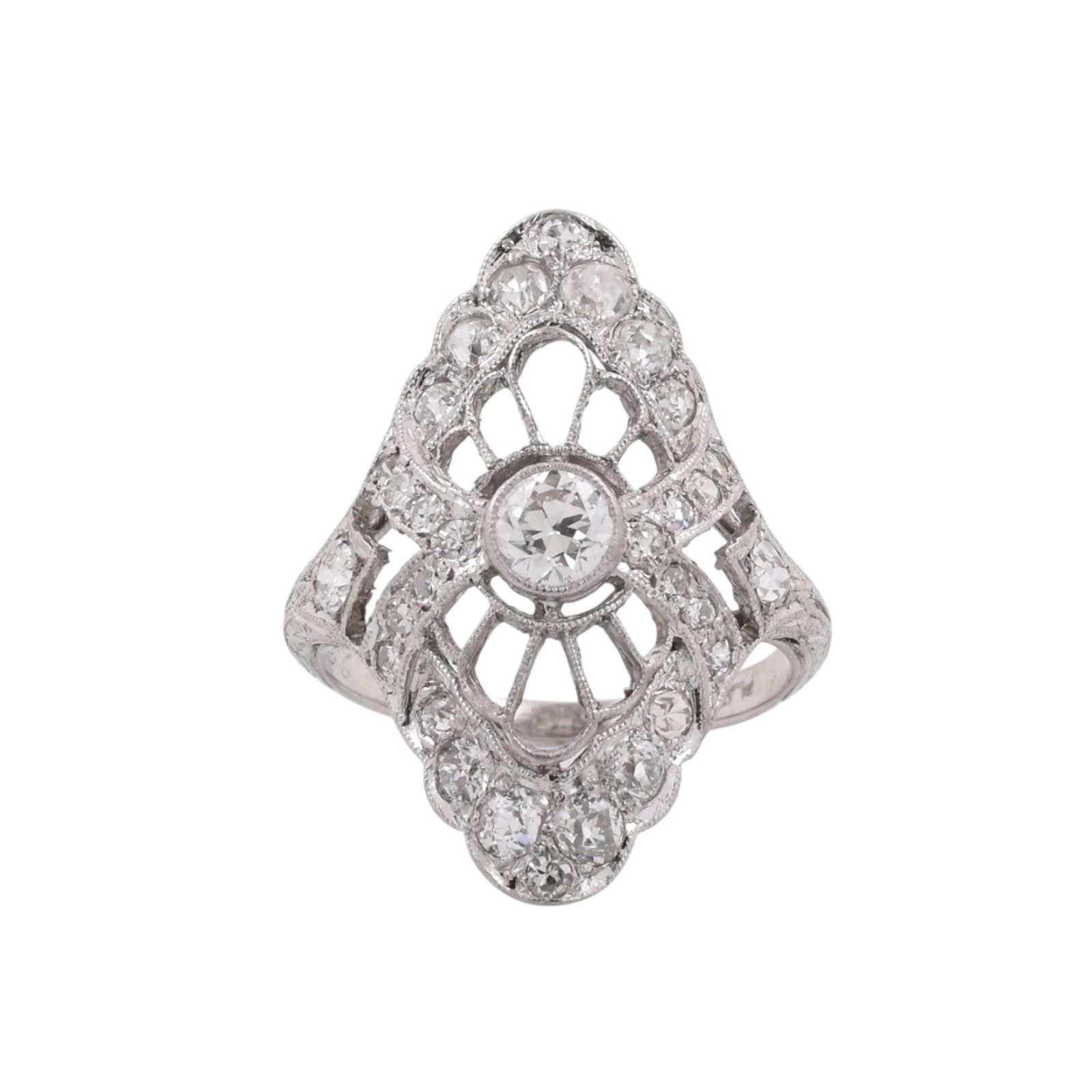 Platinum 1.20ctw Old European Cut Diamond Filigree Navette Dinner Ring Size 5