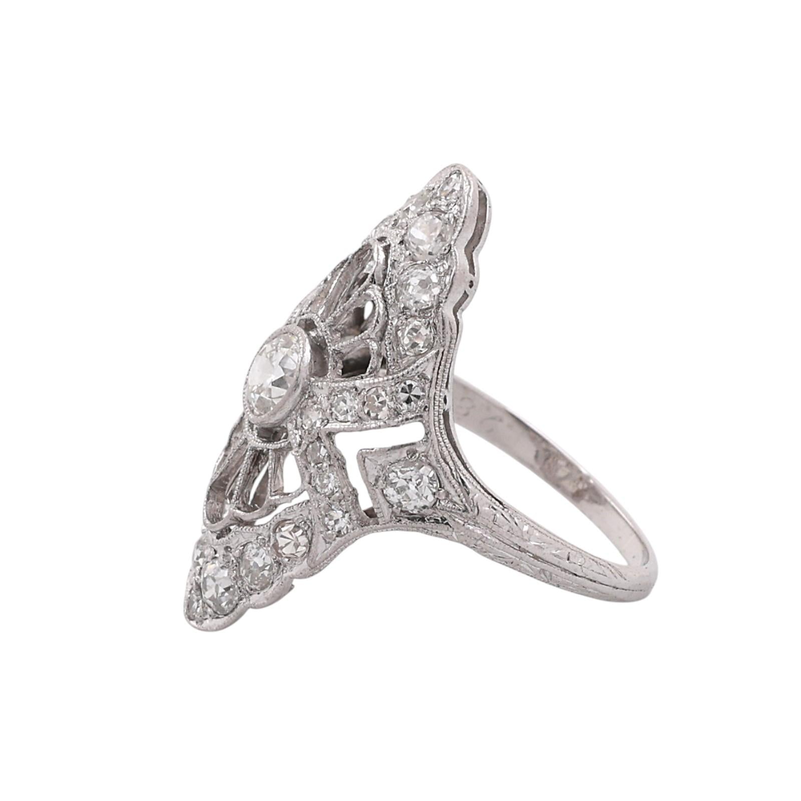 Platinum 1.20ctw Old European Cut Diamond Filigree Navette Dinner Ring Size 5