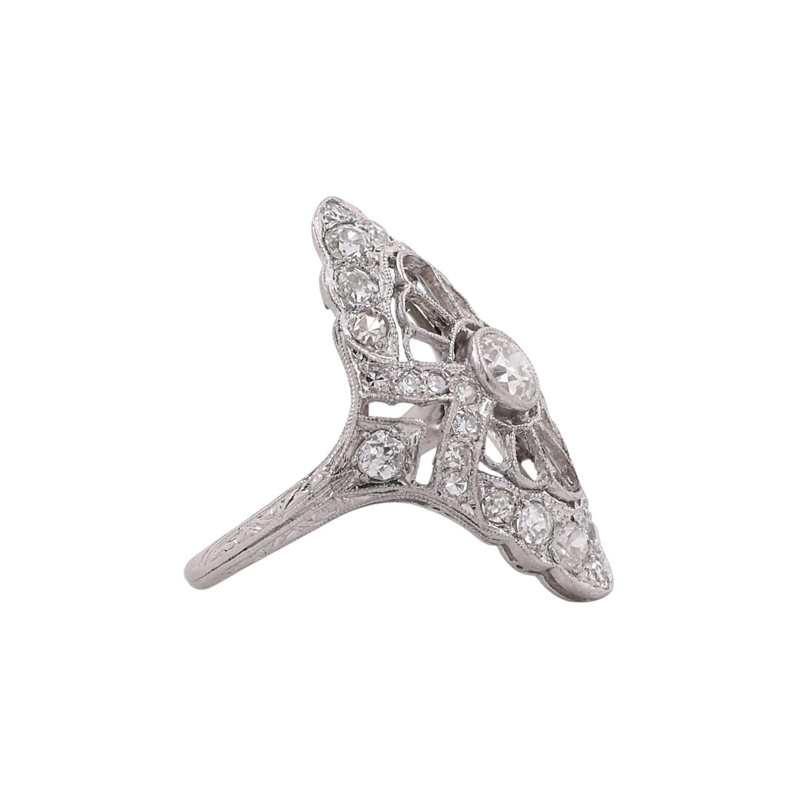 Platinum 1.20ctw Old European Cut Diamond Filigree Navette Dinner Ring Size 5