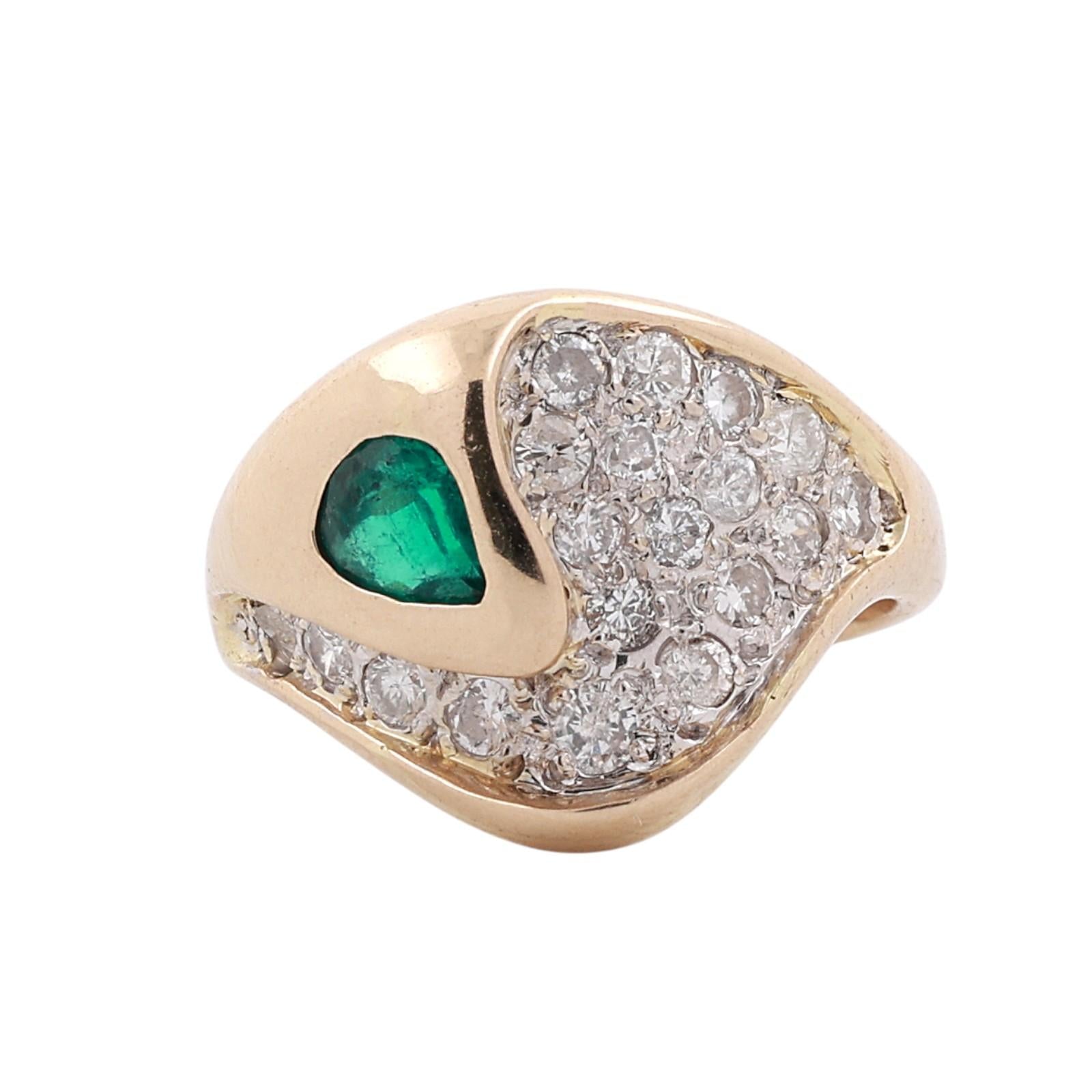 14K Two-Tone Gold Pear Emerald Diamond Cluster Ring 0.80ctw Size 5.5