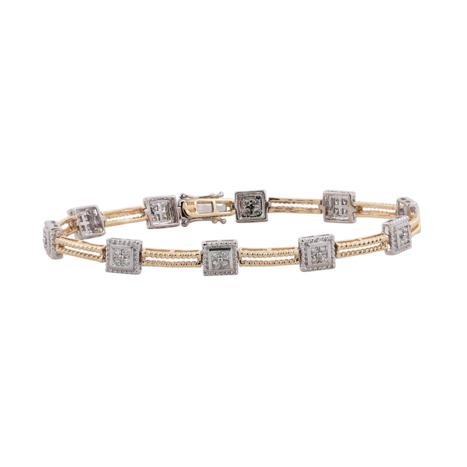 14K Two-Tone Gold 1.00ctw Diamond Station Rope Bracelet 6.75" Estate