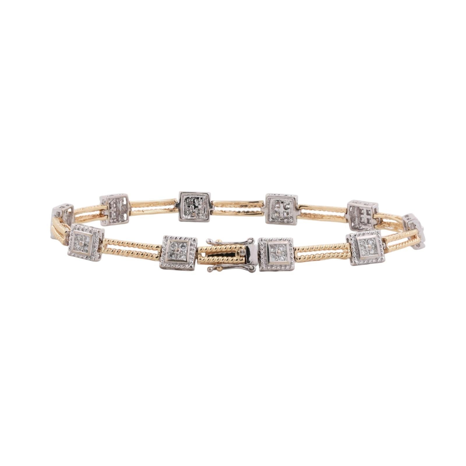 14K Two-Tone Gold 1.00ctw Diamond Station Rope Bracelet 6.75" Estate