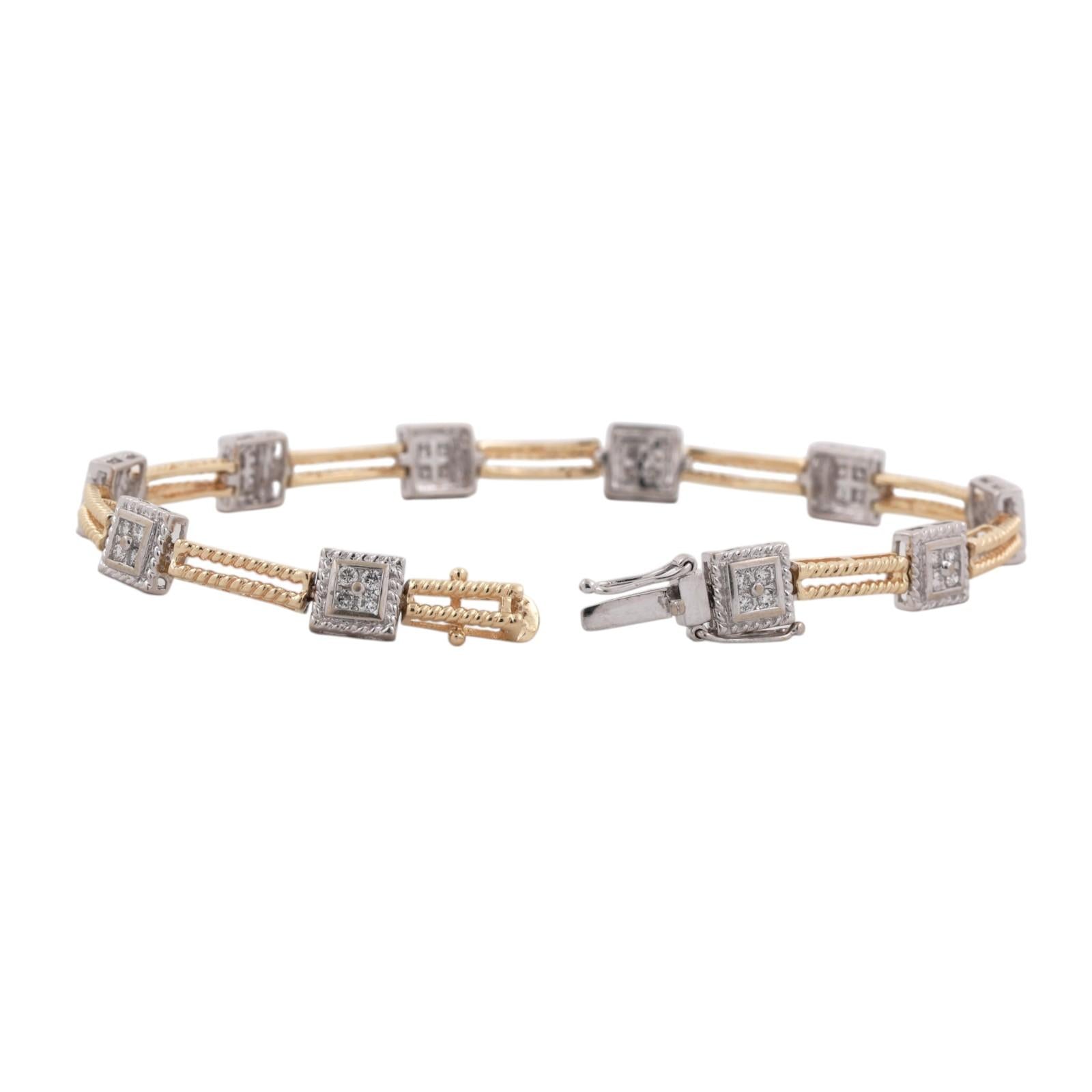 14K Two-Tone Gold 1.00ctw Diamond Station Rope Bracelet 6.75" Estate