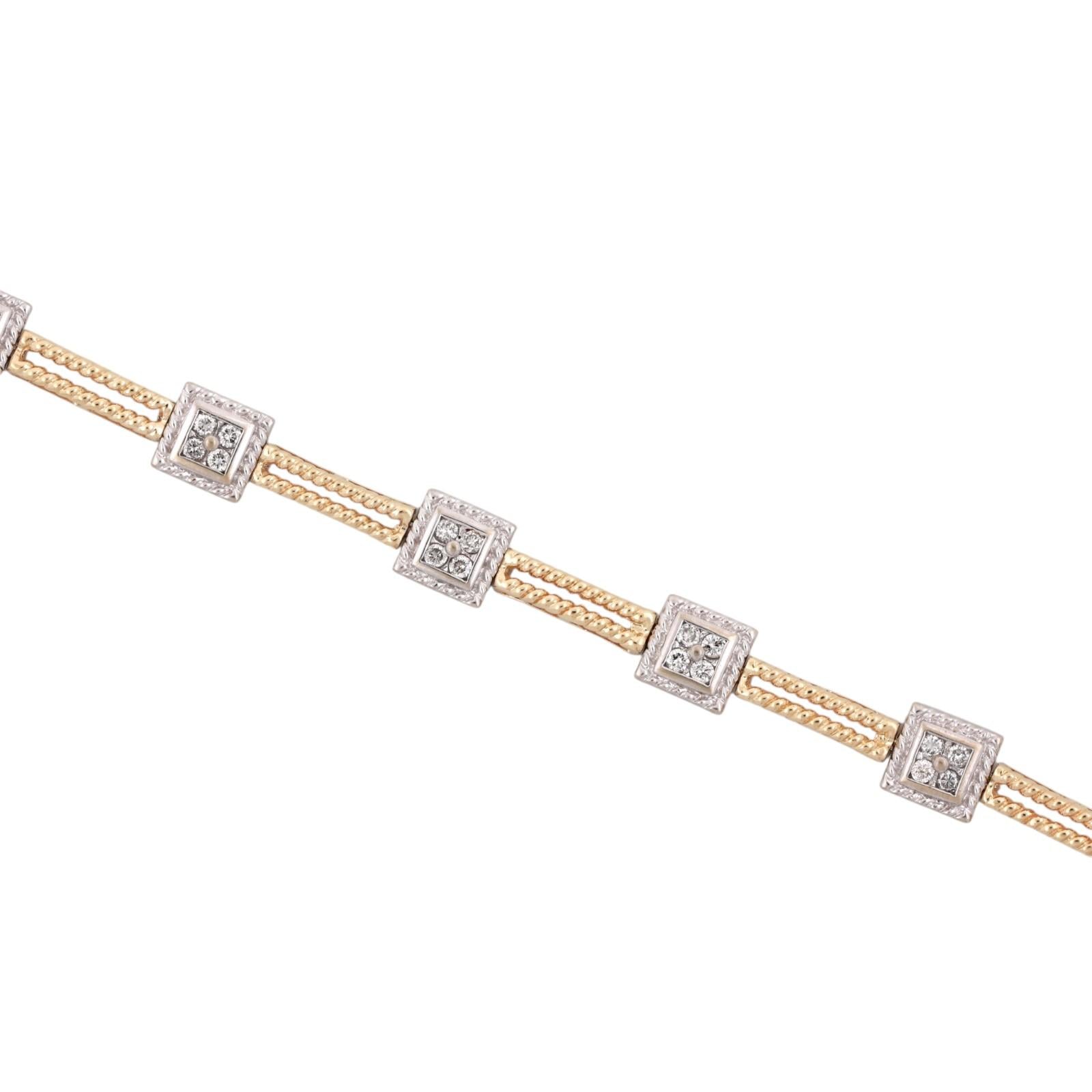14K Two-Tone Gold 1.00ctw Diamond Station Rope Bracelet 6.75" Estate