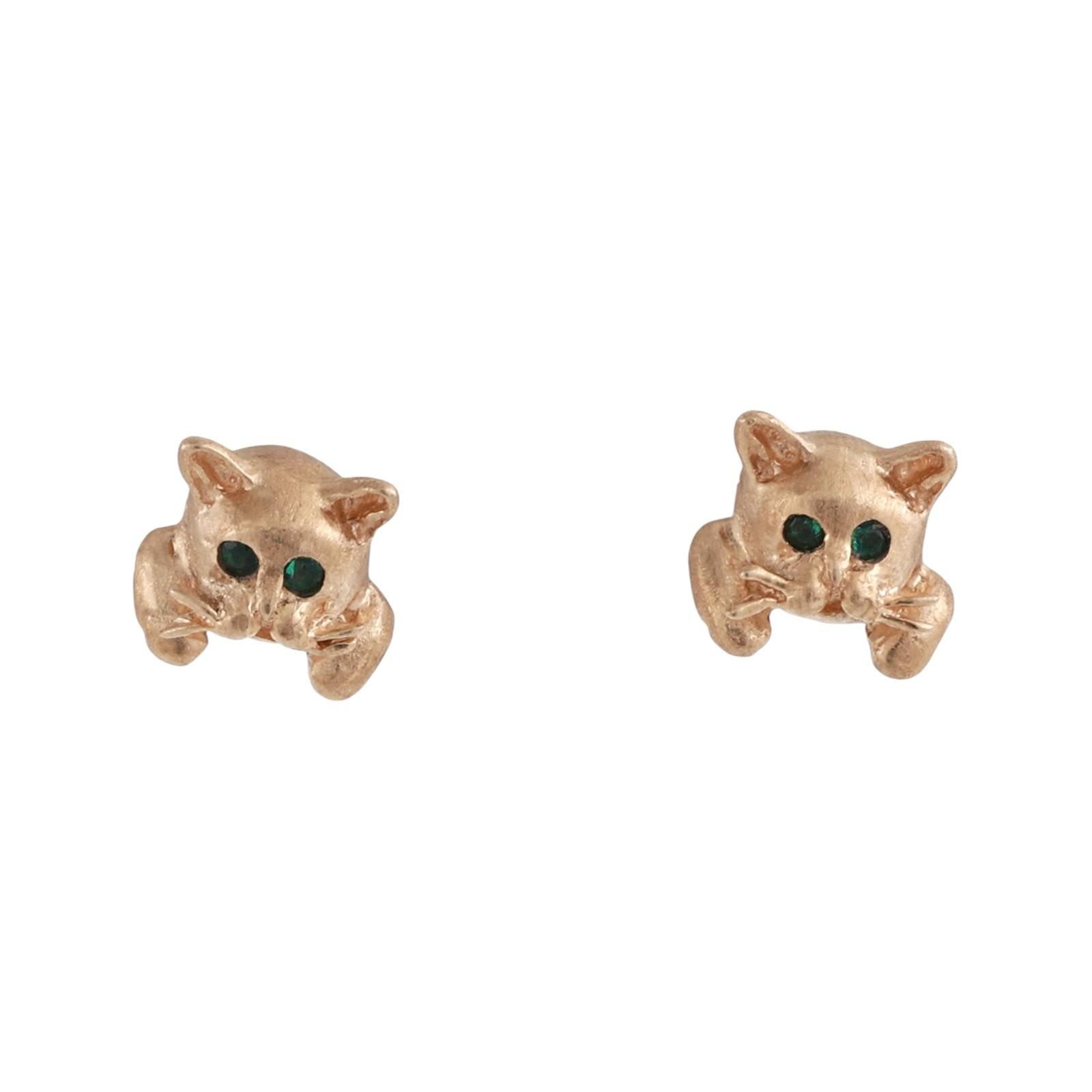 14K Yellow Gold Emerald Eye Cat Stud Earrings Kitten Animal Estate