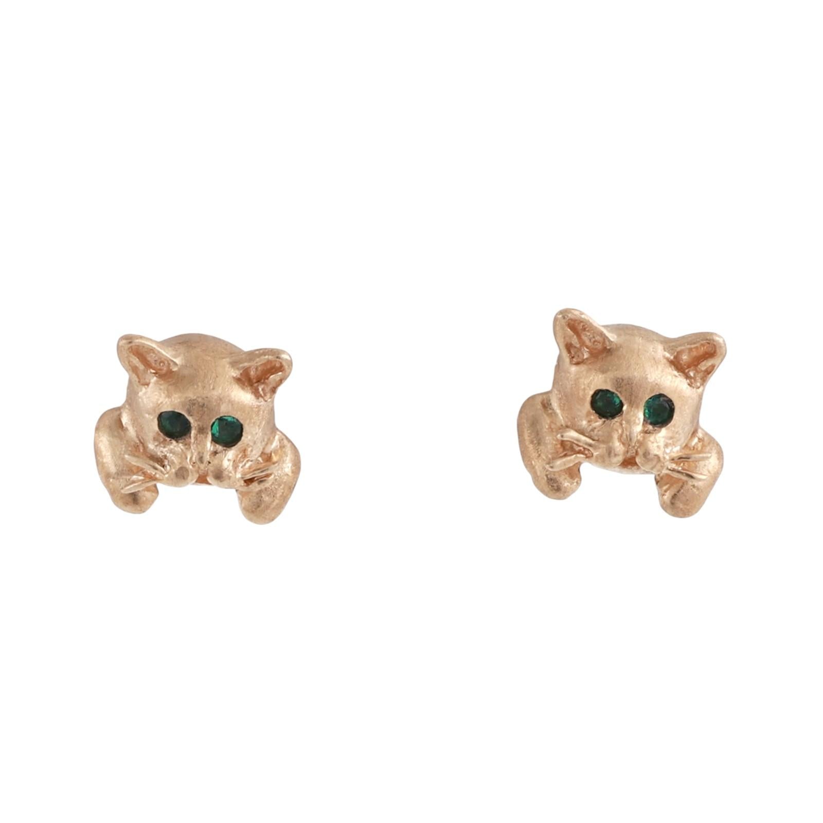 14K Yellow Gold Emerald Eye Cat Stud Earrings Kitten Animal Estate