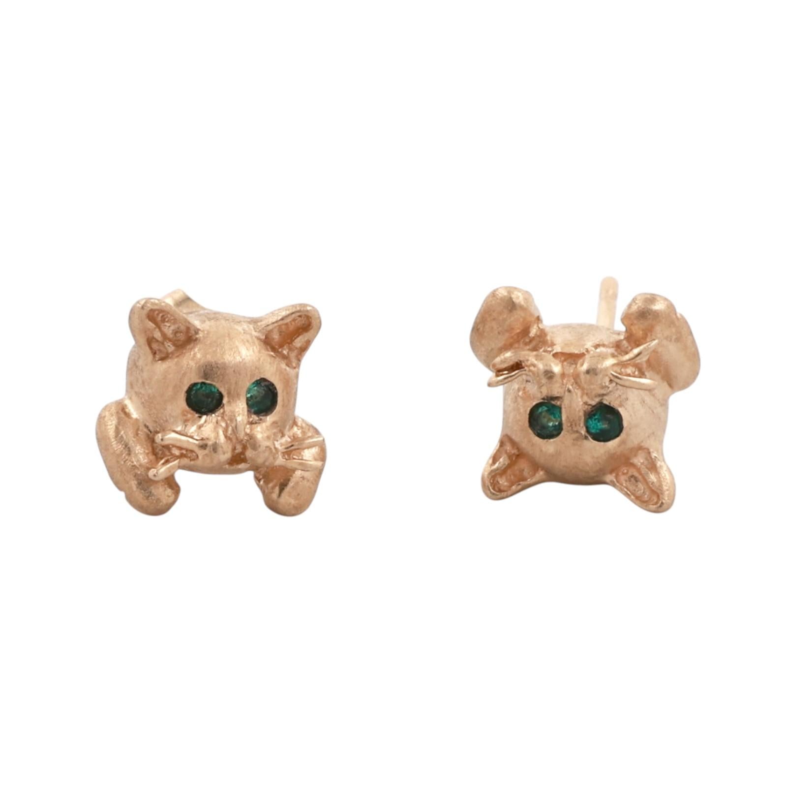 14K Yellow Gold Emerald Eye Cat Stud Earrings Kitten Animal Estate