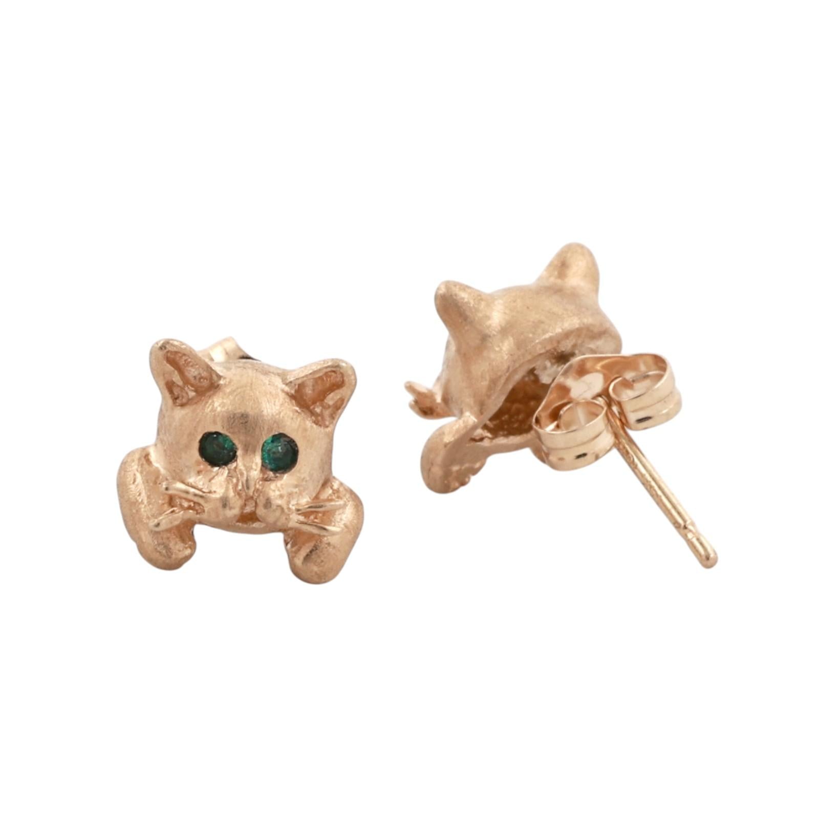 14K Yellow Gold Emerald Eye Cat Stud Earrings Kitten Animal Estate