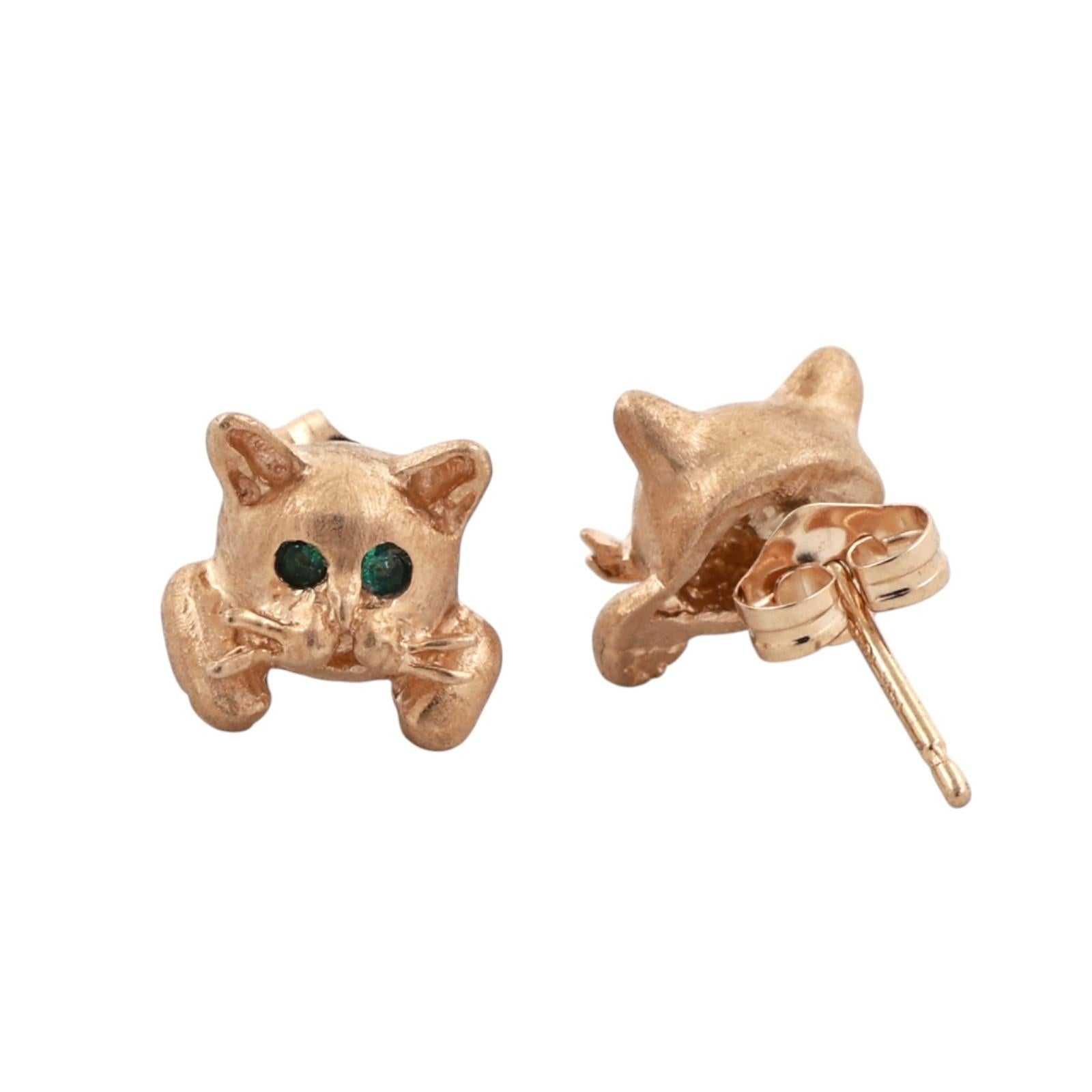 14K Yellow Gold Emerald Eye Cat Stud Earrings Kitten Animal Estate