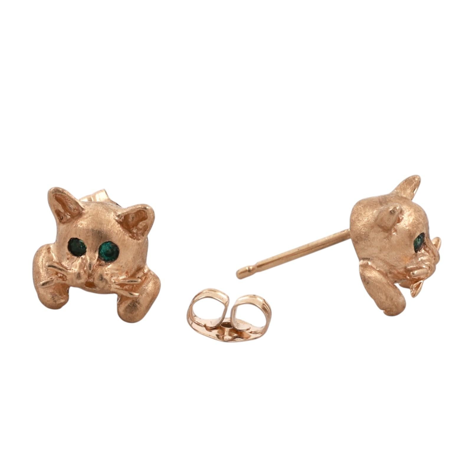 14K Yellow Gold Emerald Eye Cat Stud Earrings Kitten Animal Estate