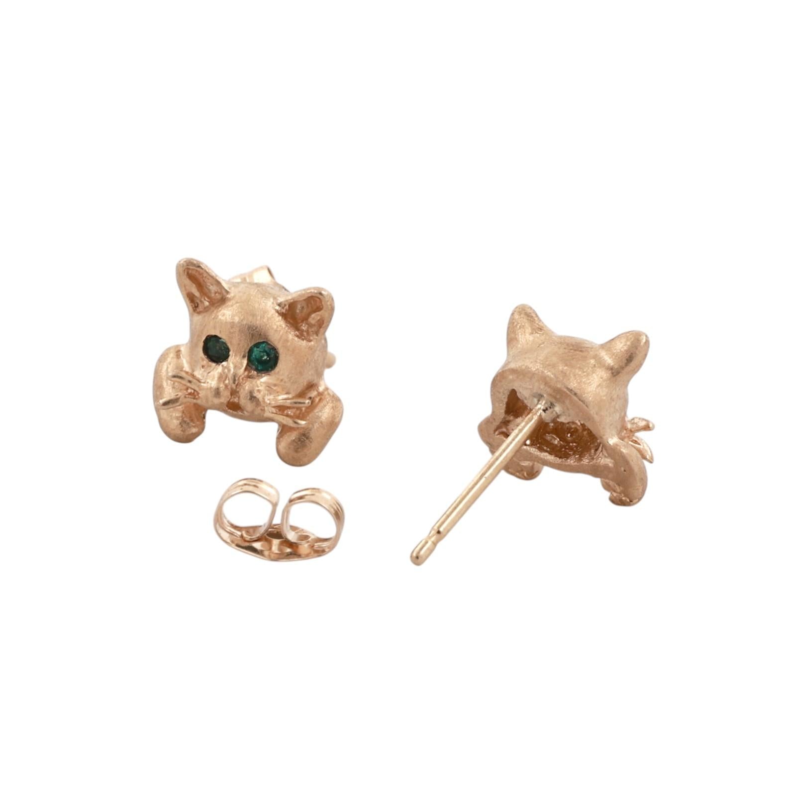 14K Yellow Gold Emerald Eye Cat Stud Earrings Kitten Animal Estate