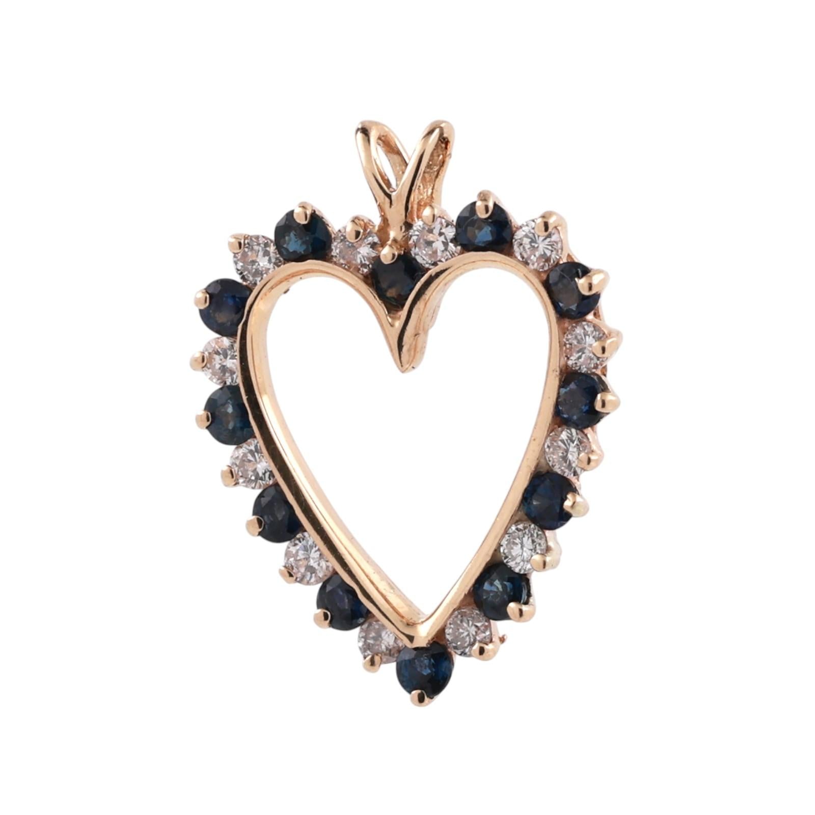 14K Yellow Gold Sapphire Diamond Open Heart Pendant 1.06CTW Estate