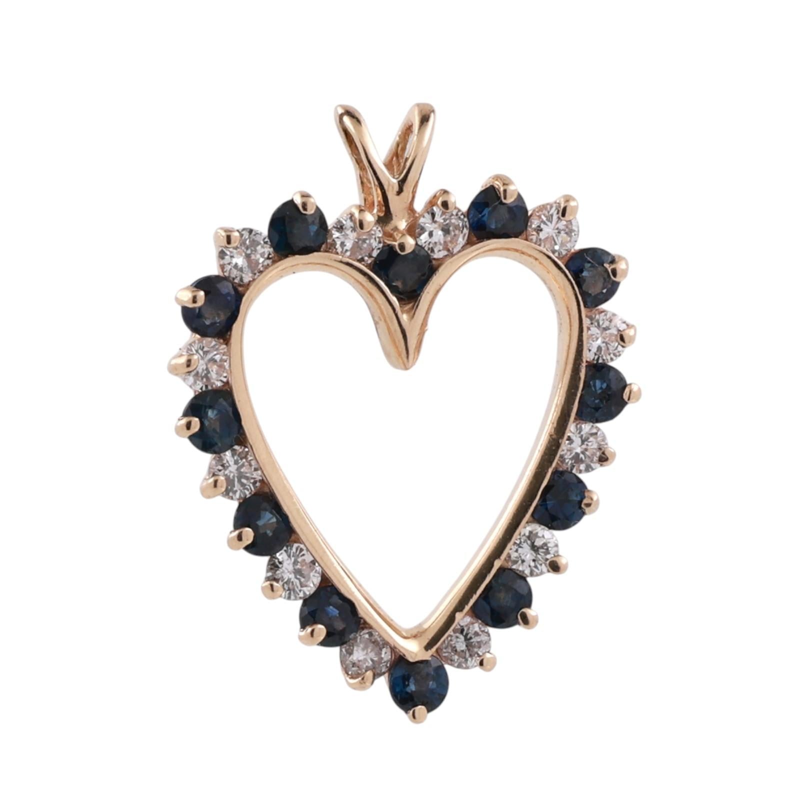14K Yellow Gold Sapphire Diamond Open Heart Pendant 1.06CTW Estate