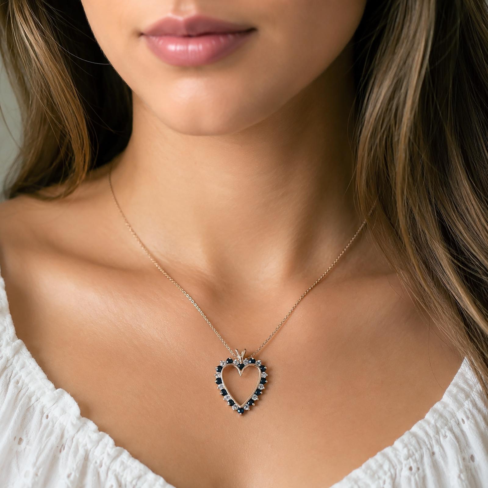 14K Yellow Gold Sapphire Diamond Open Heart Pendant 1.06CTW Estate