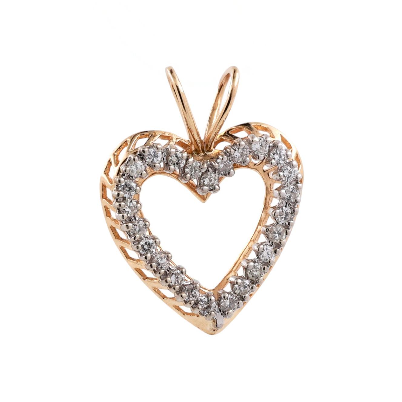 14K Two Tone Gold 0.50CTW Diamond Open Heart Pendant Estate