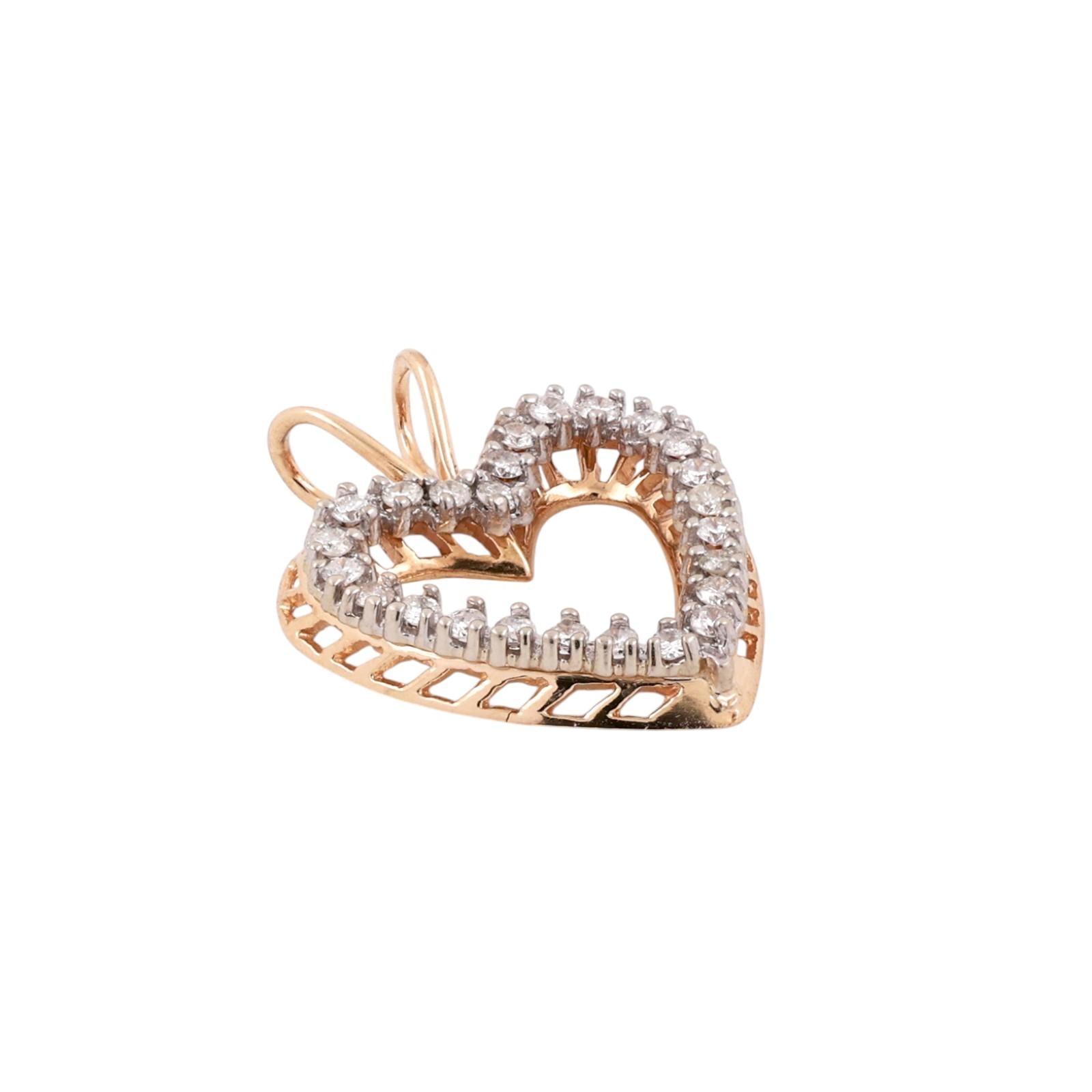 14K Two Tone Gold 0.50CTW Diamond Open Heart Pendant Estate