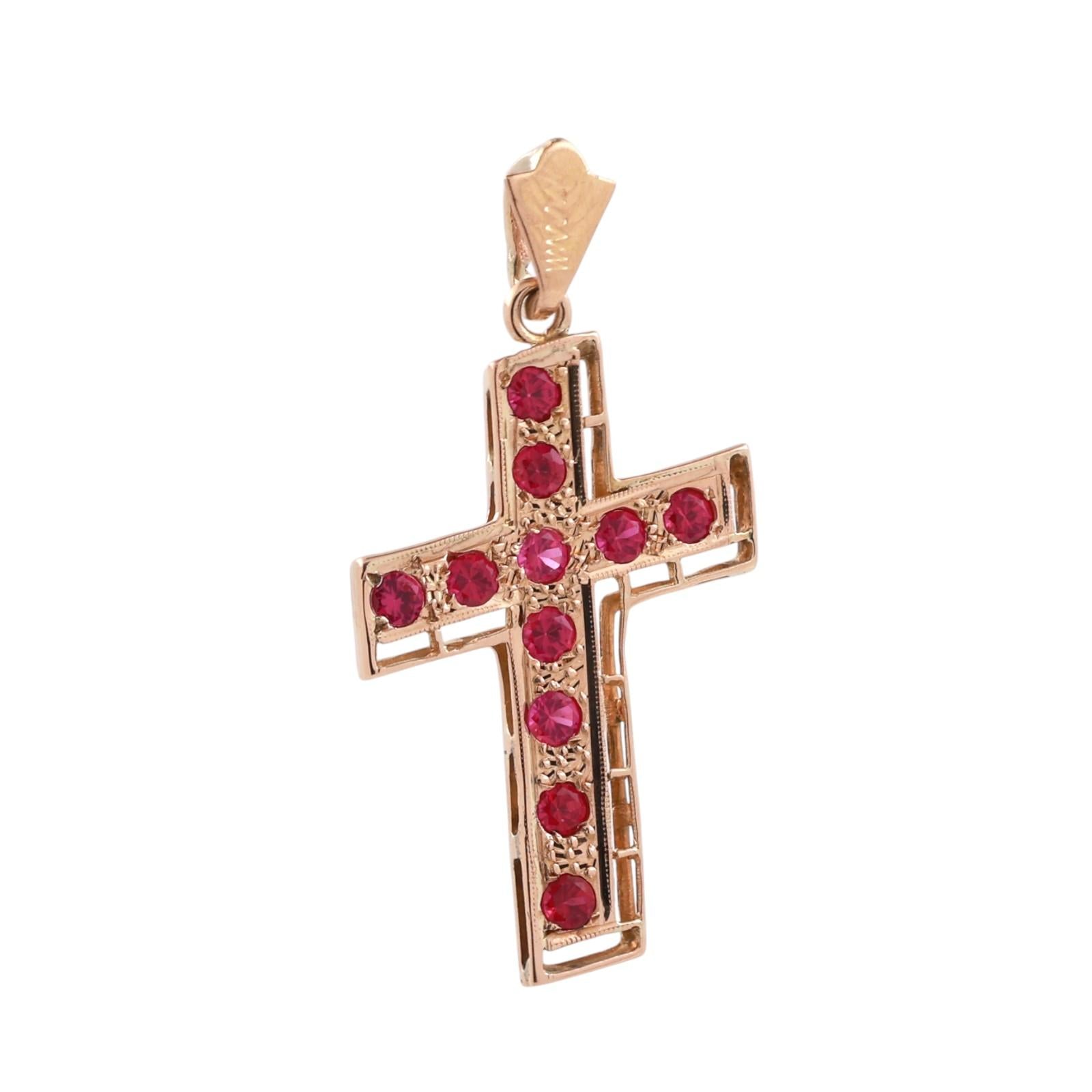 18K Yellow Gold Ruby Cross Pendant Filigree Open Work Vintage Estate 2.0g