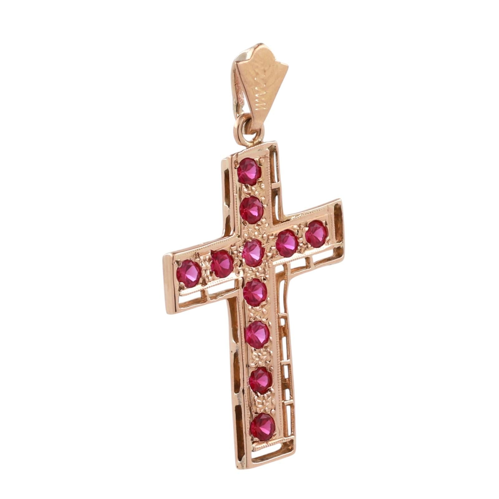18K Yellow Gold Ruby Cross Pendant Filigree Open Work Vintage Estate 2.0g
