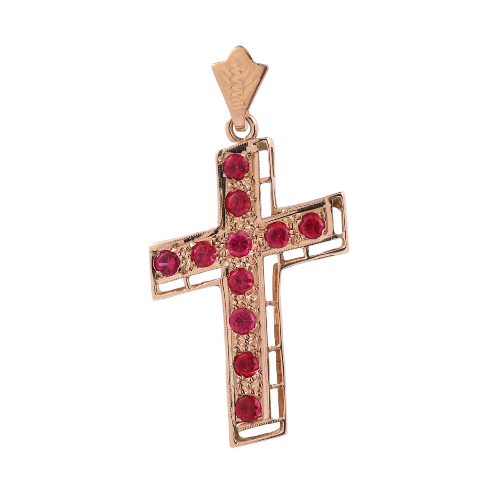 18K Yellow Gold Ruby Cross Pendant Filigree Open Work Vintage Estate 2.0g