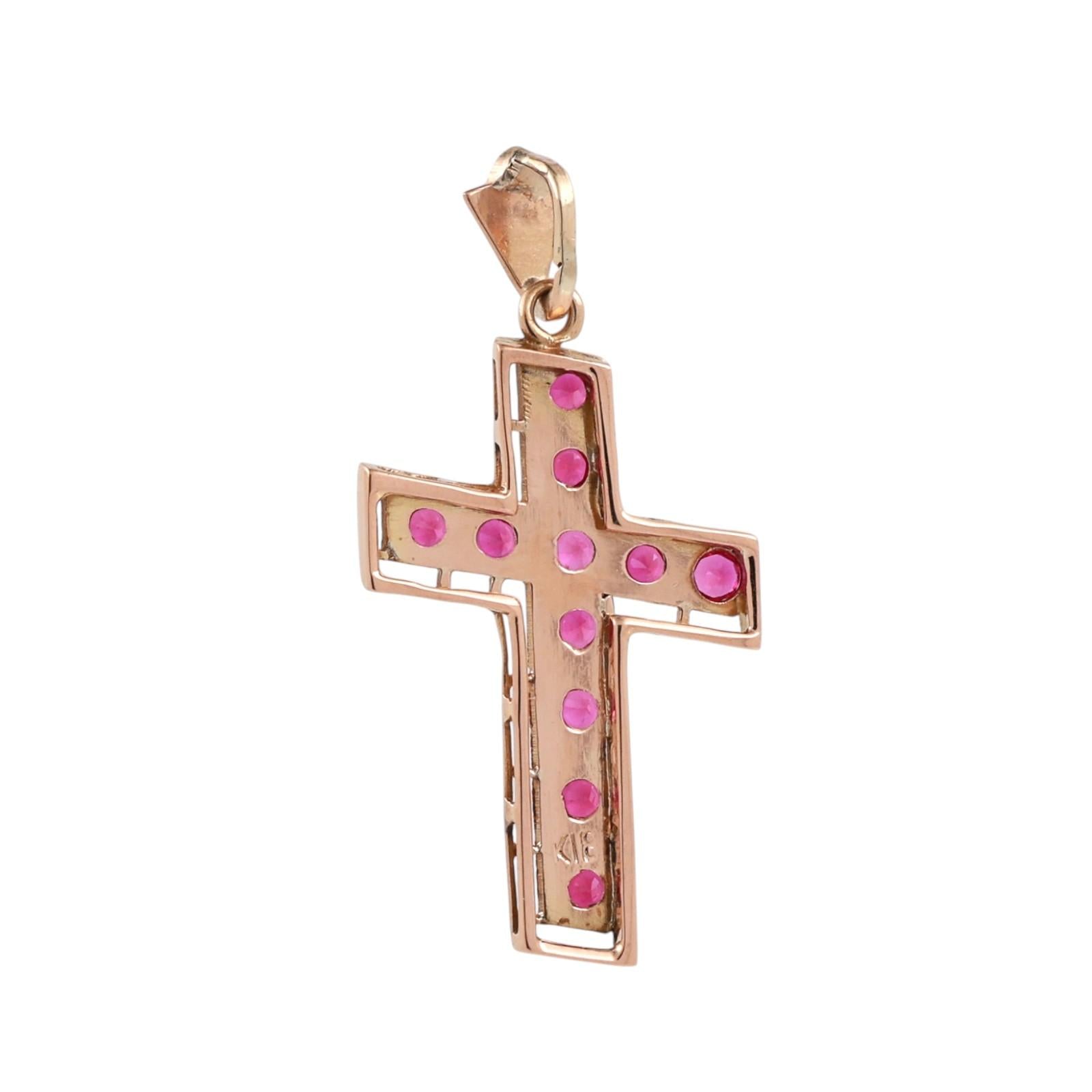 18K Yellow Gold Ruby Cross Pendant Filigree Open Work Vintage Estate 2.0g