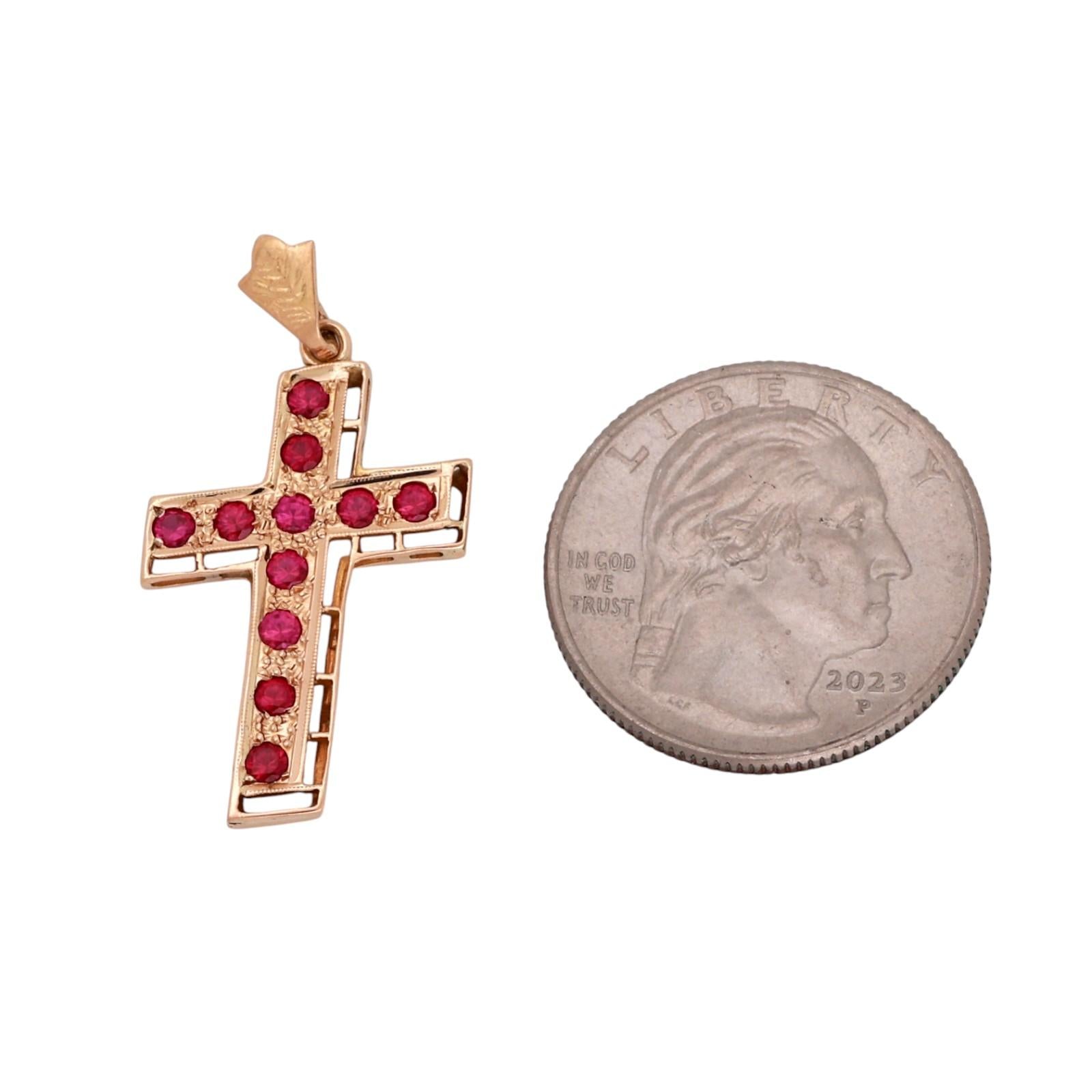 18K Yellow Gold Ruby Cross Pendant Filigree Open Work Vintage Estate 2.0g
