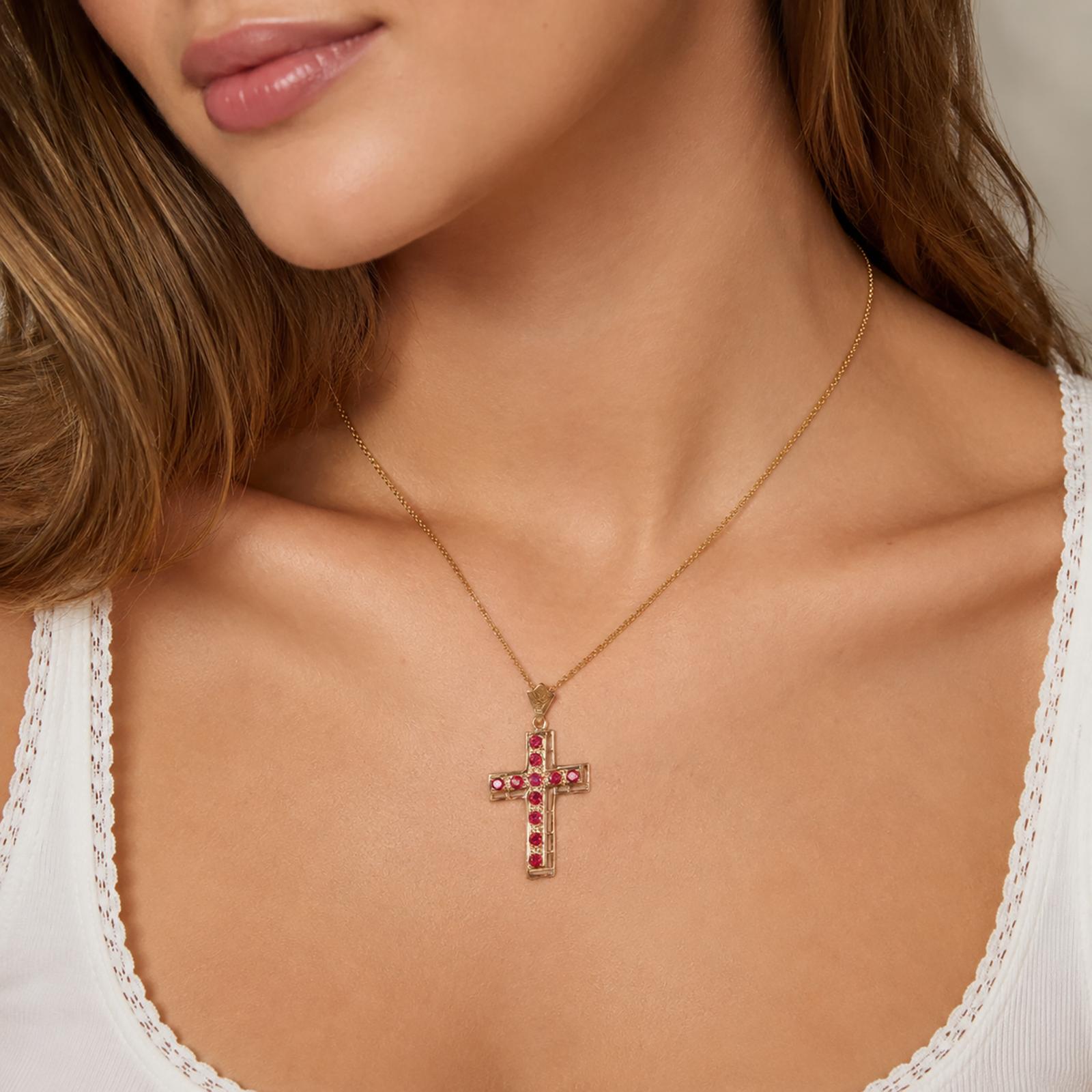 18K Yellow Gold Ruby Cross Pendant Filigree Open Work Vintage Estate 2.0g