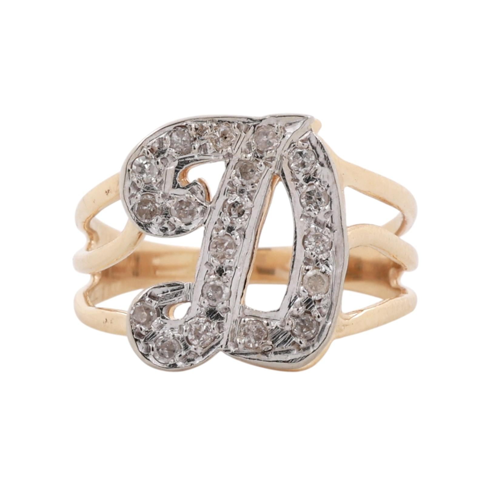 Two-Tone Gold Diamond Initial “D” Split Shank Vintage Ring 0.20ctw Size 6.25