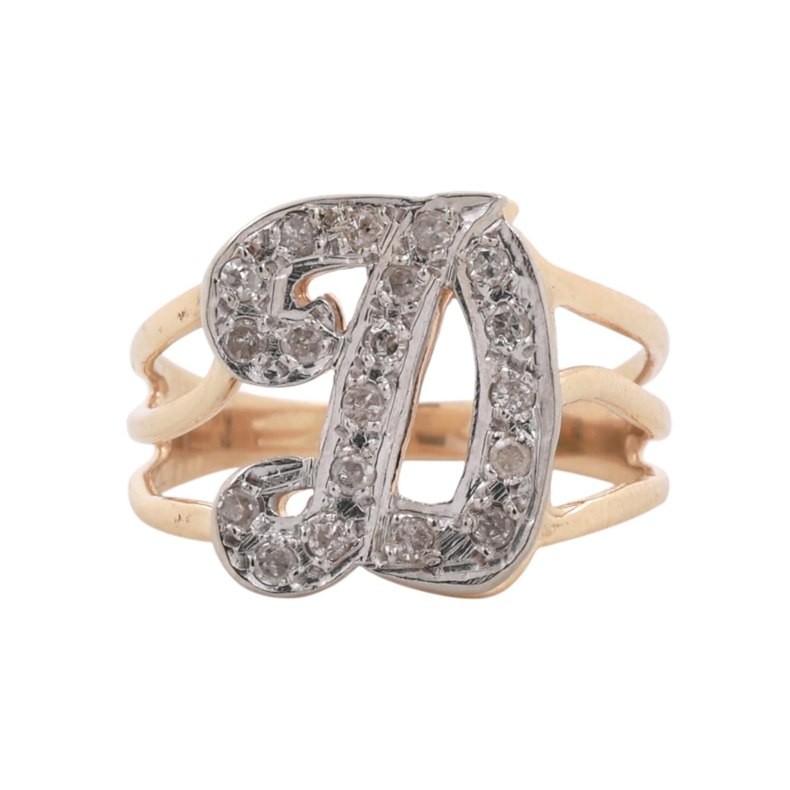 Two-Tone Gold Diamond Initial “D” Split Shank Vintage Ring 0.20ctw Size 6.25