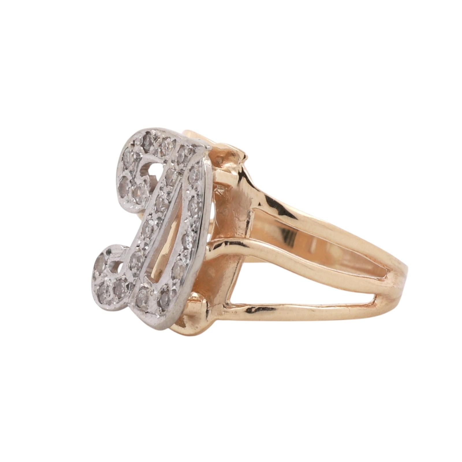 Two-Tone Gold Diamond Initial “D” Split Shank Vintage Ring 0.20ctw Size 6.25