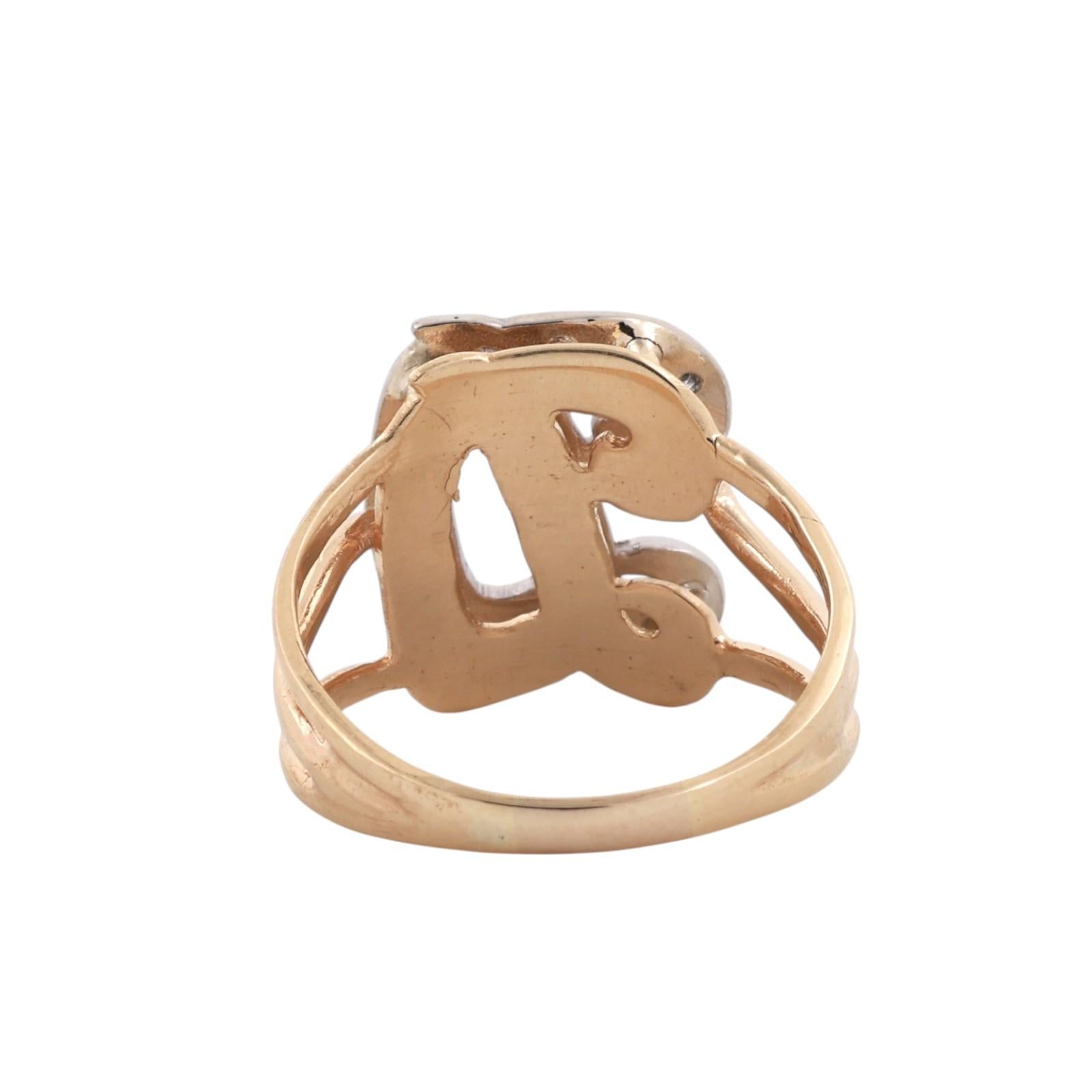 Two-Tone Gold Diamond Initial “D” Split Shank Vintage Ring 0.20ctw Size 6.25