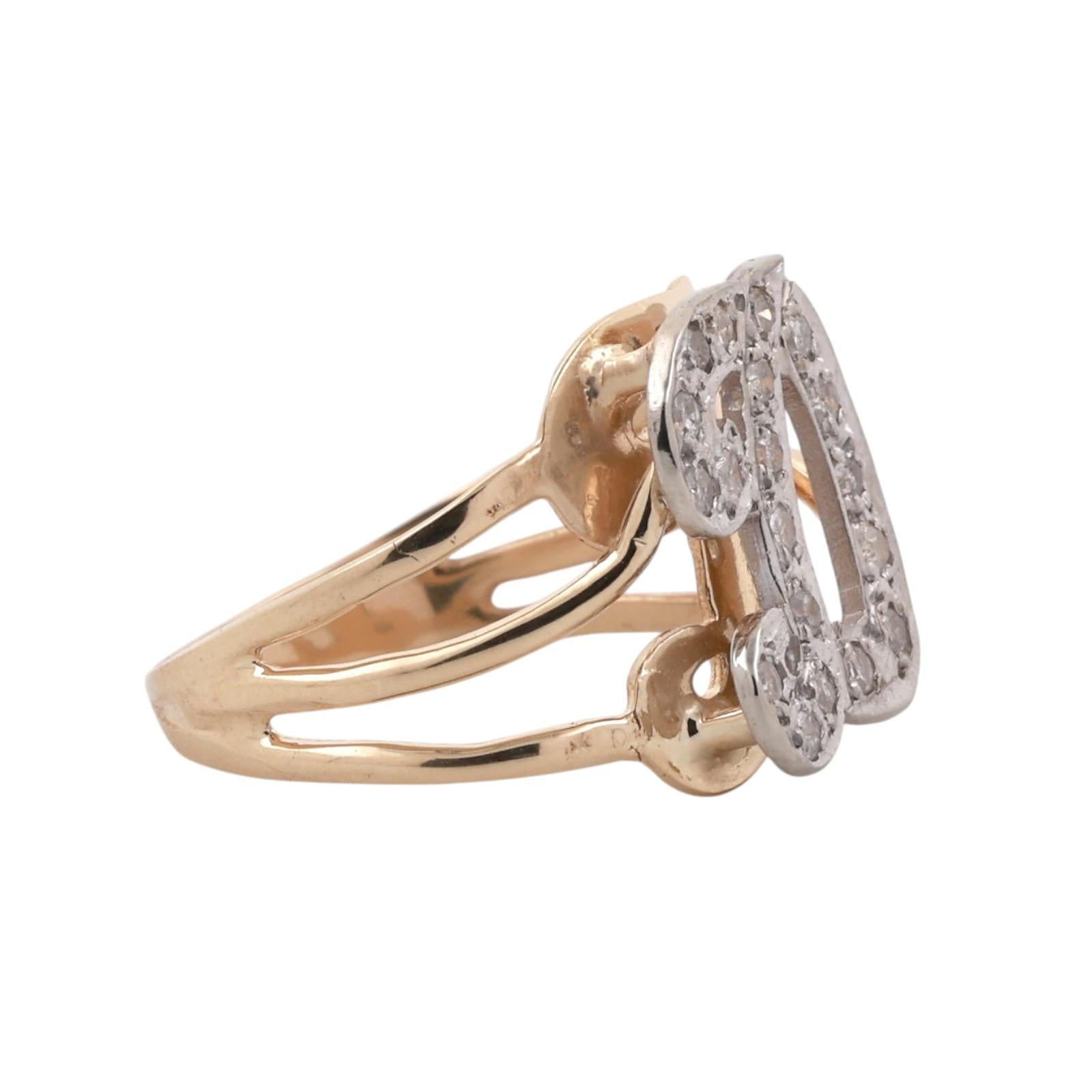 Two-Tone Gold Diamond Initial “D” Split Shank Vintage Ring 0.20ctw Size 6.25
