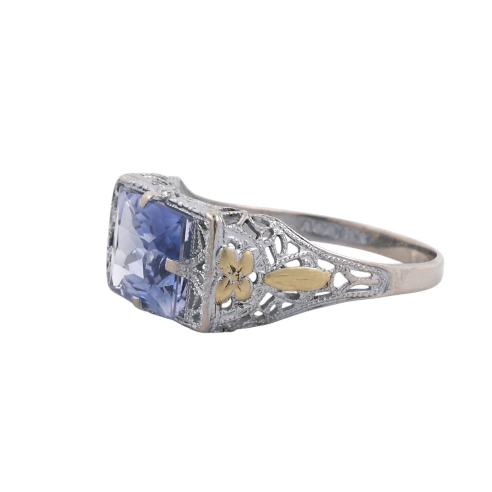 10K Two-Tone Gold 2.40CT Emerald Cut Blue Sapphire Filigree Art Deco Style Ring