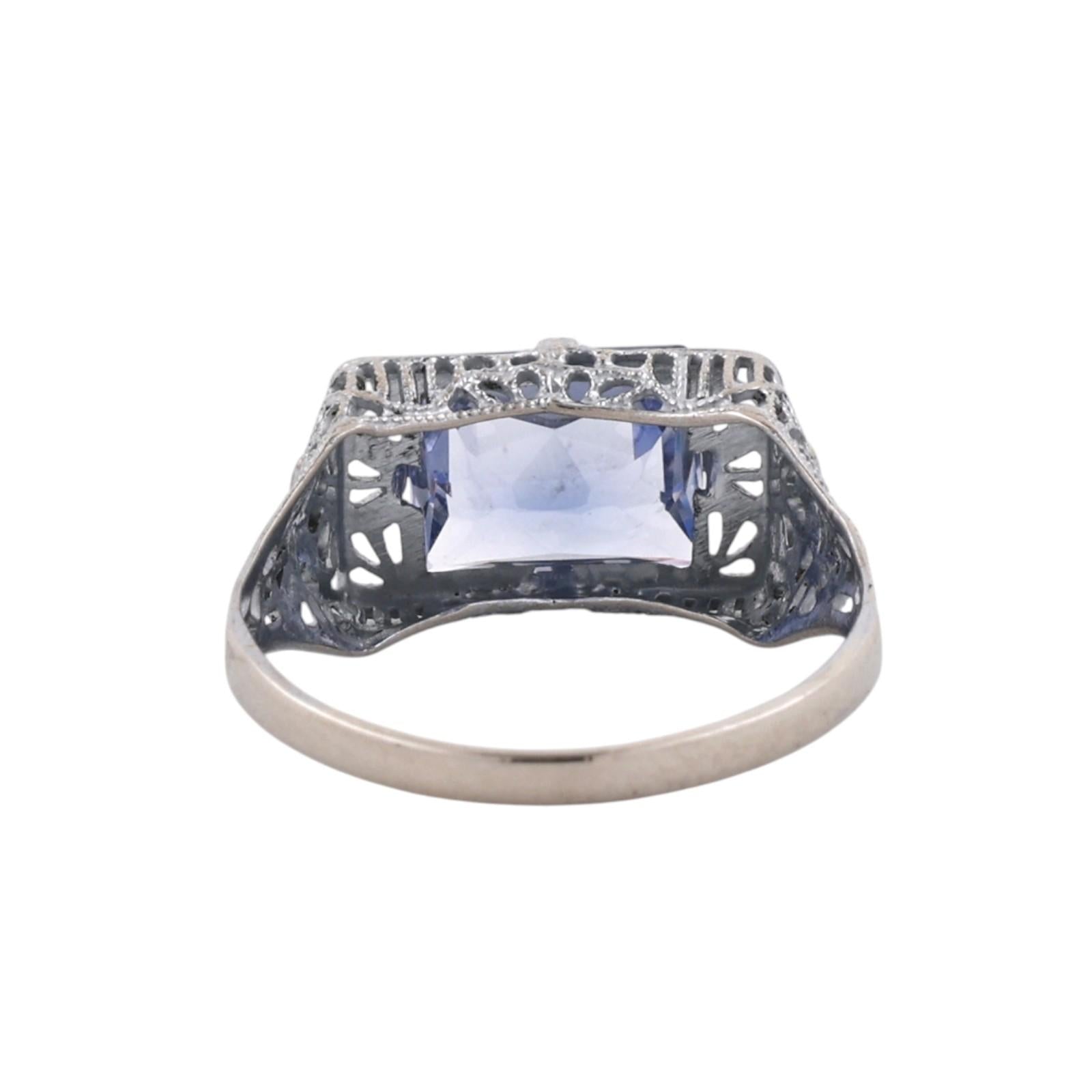 10K Two-Tone Gold 2.40CT Emerald Cut Blue Sapphire Filigree Art Deco Style Ring